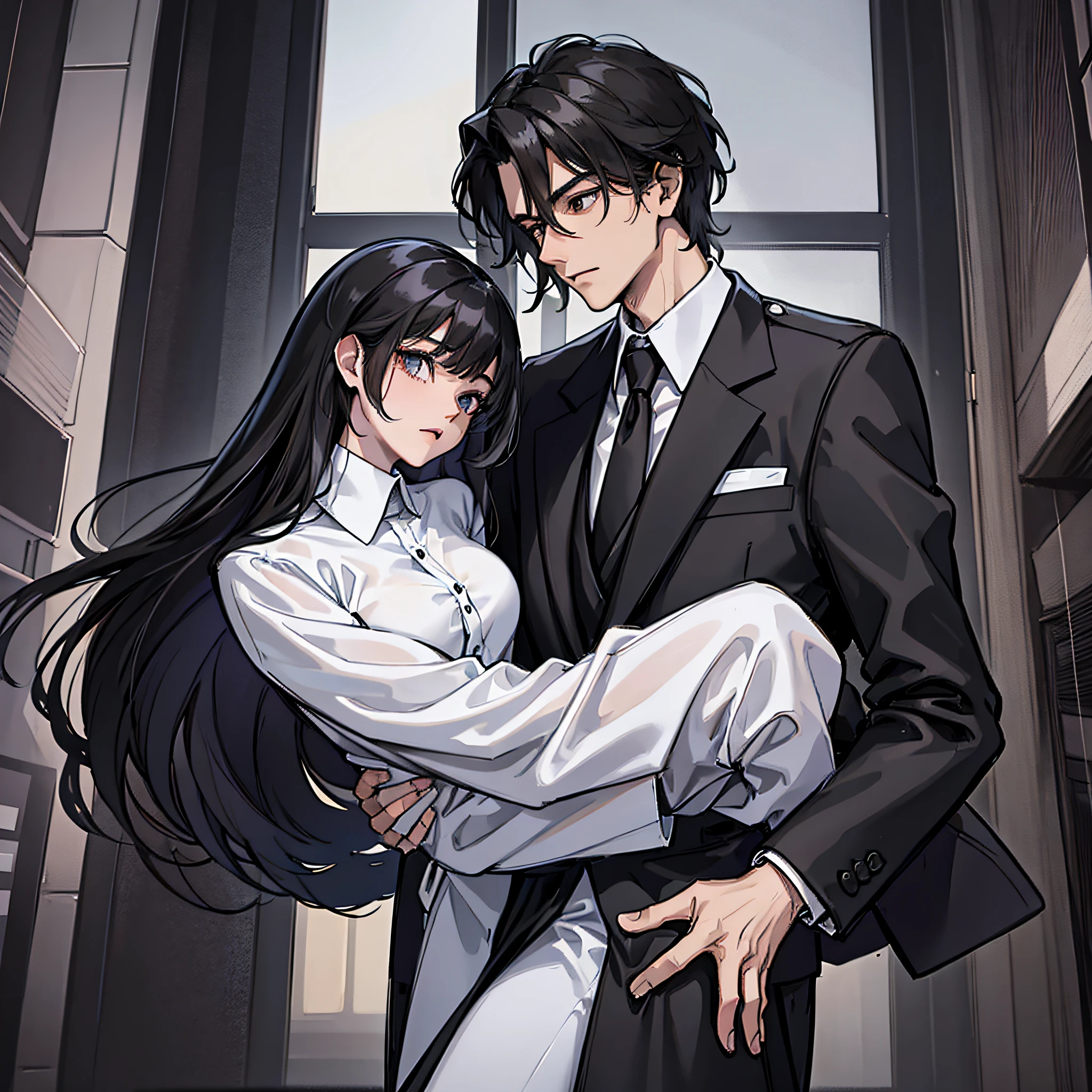 A man in a black suit (side-split, cold company) holds a woman who is about to fall (long black hair, white clothes, leaning body)