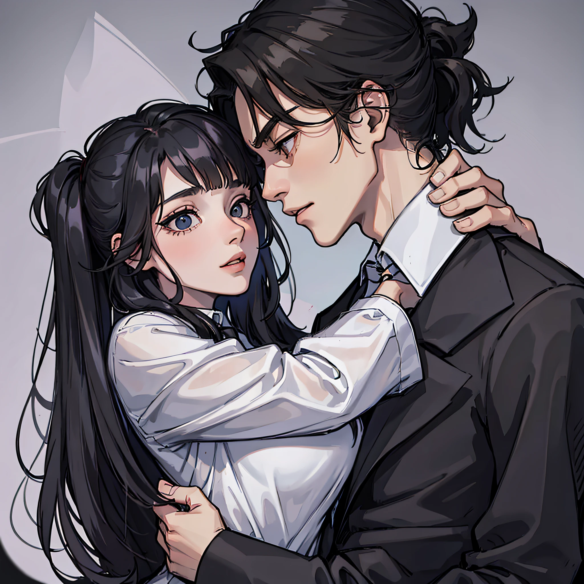 A man in a black suit (side-split, cold company) holds a woman who is about to fall (long black hair, white clothes, leaning body)