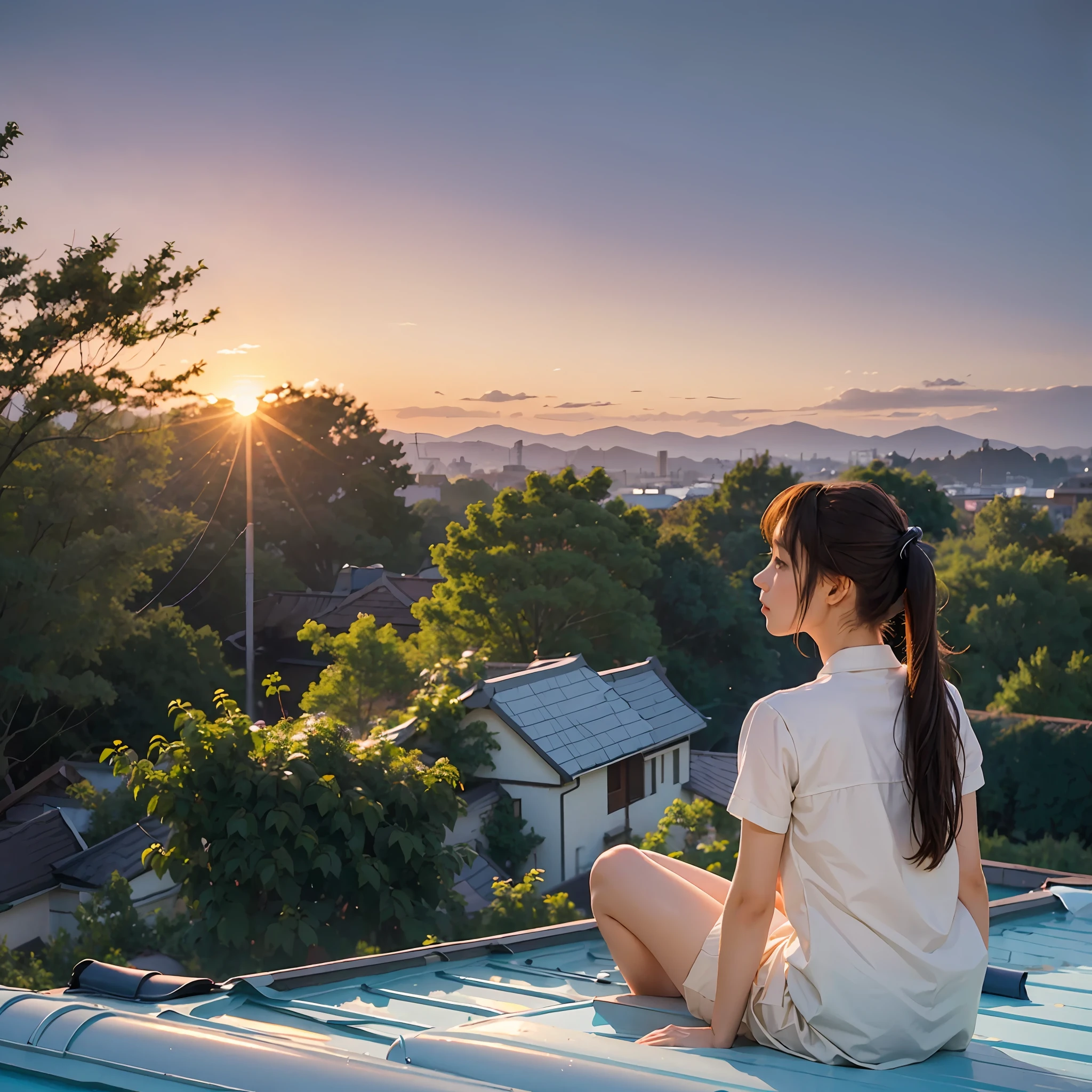 A beautiful girl, ponytail, sitting on the roof, looking into the distance, back, sunset, trees, long legs, high quality --auto --s2