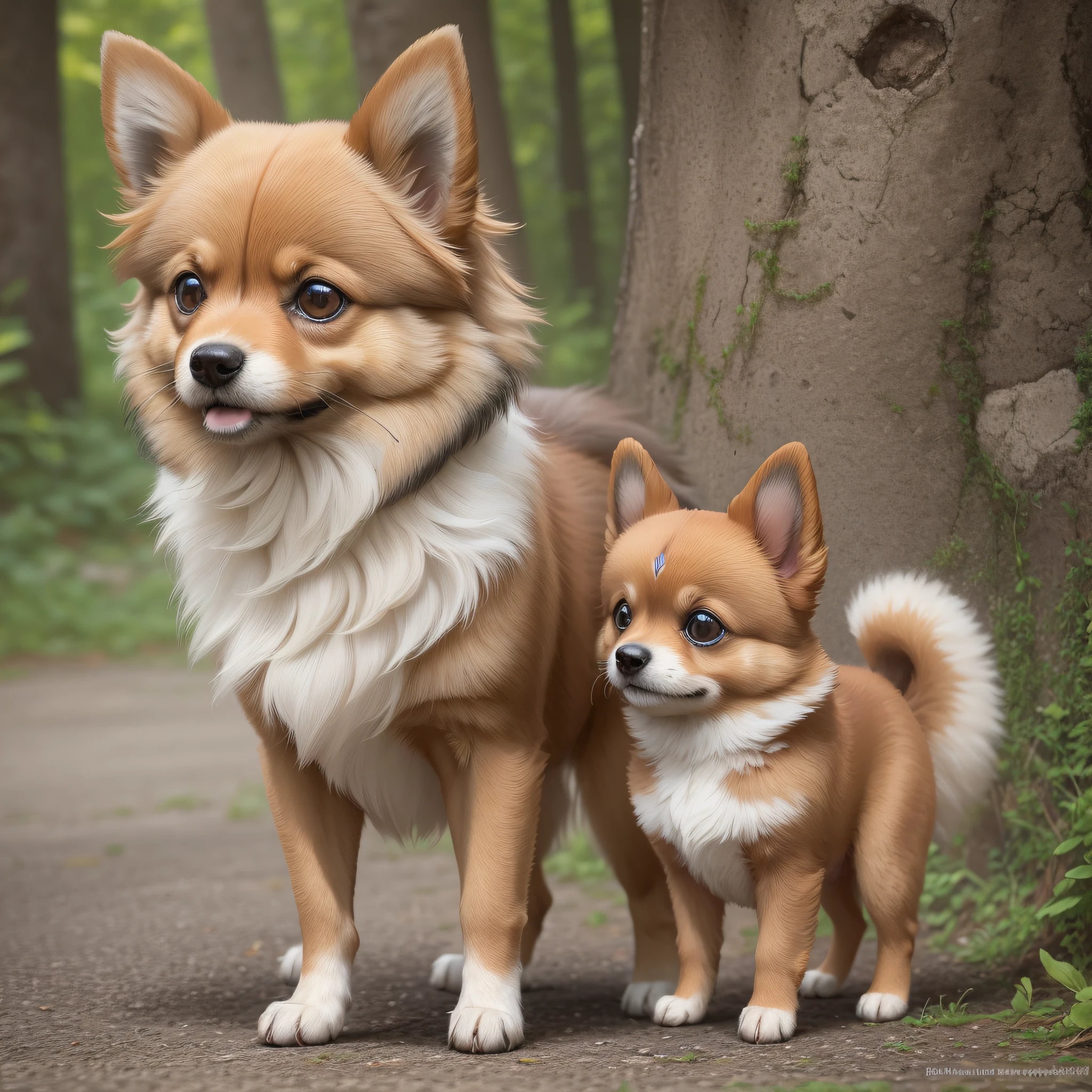 (masterpiece, photorealistic 8k: 1.2) there are small dogs standing on the ground, (Pomeranian black tan: 1.4), (Pomeranian fur: 1.4) mix, small dogs, half dogs, beautiful,