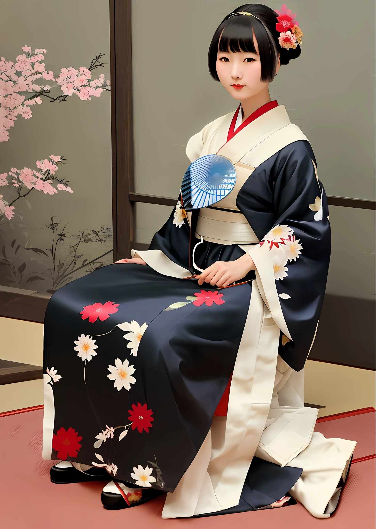 Ala Fed woman in kimono sitting on floor with fan, 1920s geisha, Japan woman, Japan skilled geisha, traditional Japan, Japan geisha, traditional geisha clothing, late Meiji, sawa setsukkyo, vintage color photography, 8k