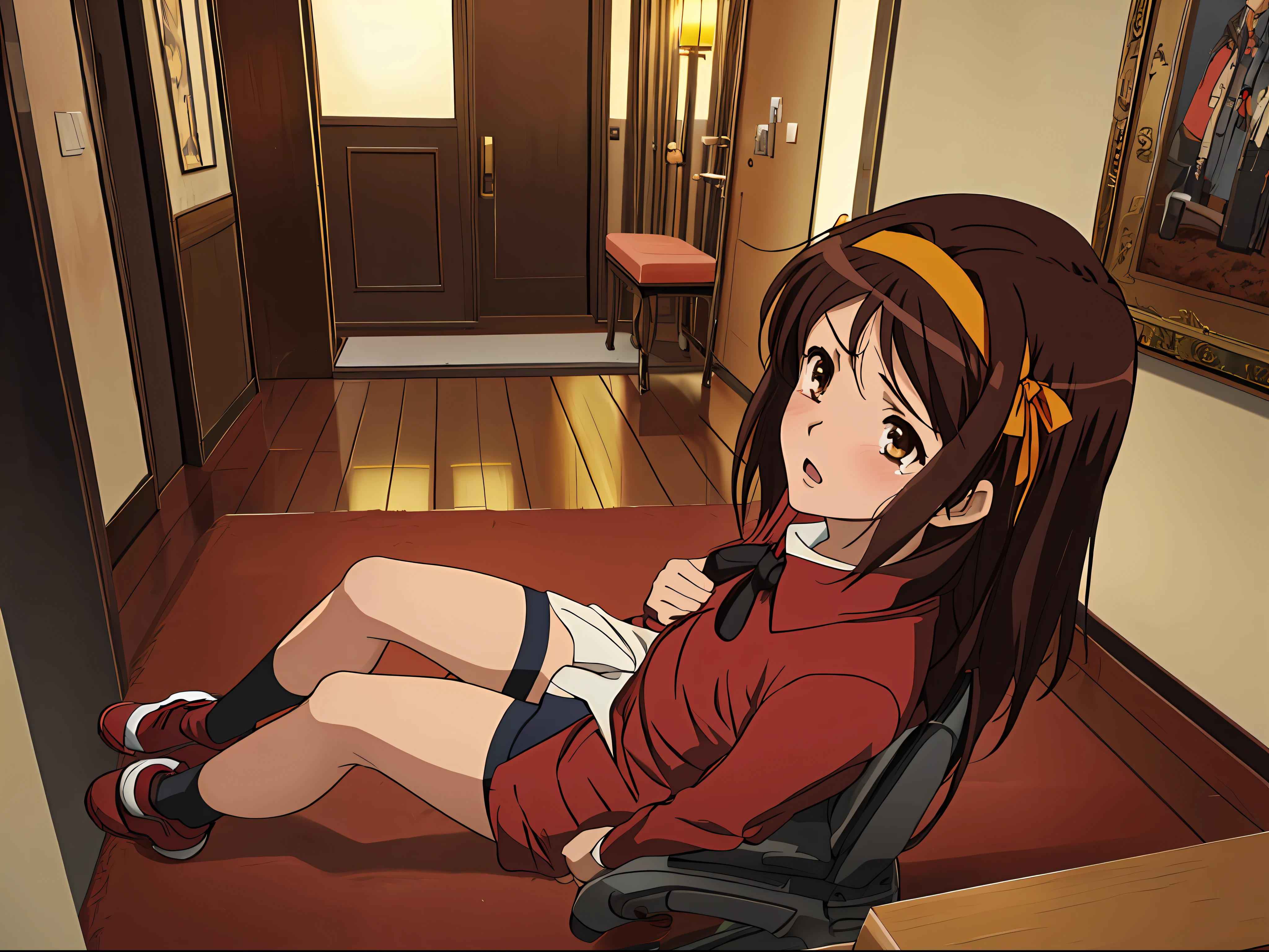 masterpiece, best quality, high definition, 1girl, solo, superhero, shirt, red shirt, black tie, red shirt with black tie, stockings, brown hair, short hair, brown eyes, hair headband, medium hair, ribbon, shoes, matching shoes, medium chest, sitting, crying, tears, tears, screaming, sad, suffering, in the room, Haruhi Suzumiya, Kyoi Haruhi style, autumn, winter, cloudy,