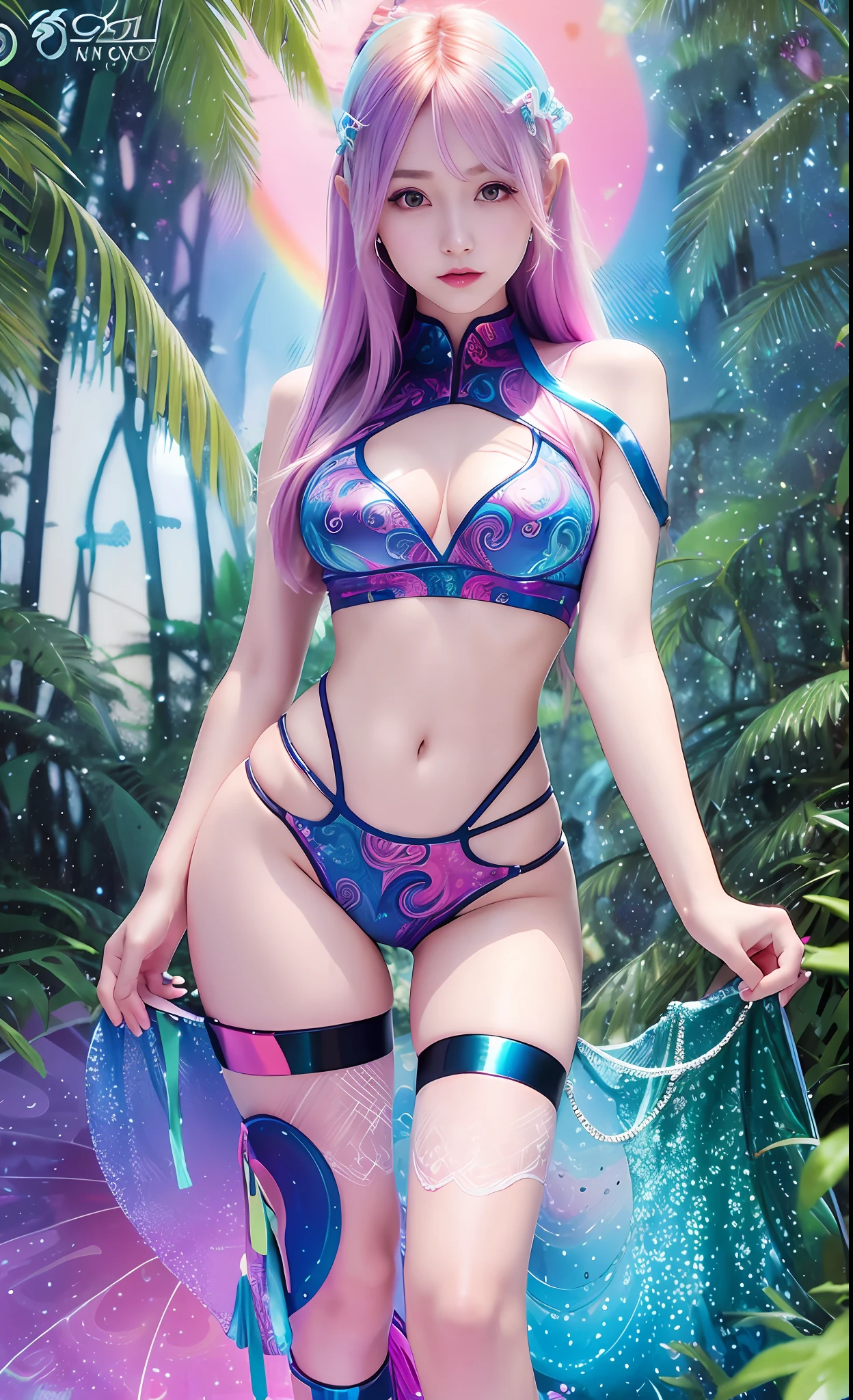 Masterpiece, Best Quality, Girls, Slender, Rainbow Color Eyes, Hair Color, Iridescent, Long Hair Spreading, White Skin, Medium, Cute, Sexy, Halo, Near Future, Bikini, Skin Exposed, Psychedelic, Trip, Highly Colored, Paisley, Highly Colored, Cyberspace, Cyberpunk, Mandala Theme, Open Legs, Eyeshadow, False Lashes, Blushlush, Mechanical Left Arm, Smile, Full Body