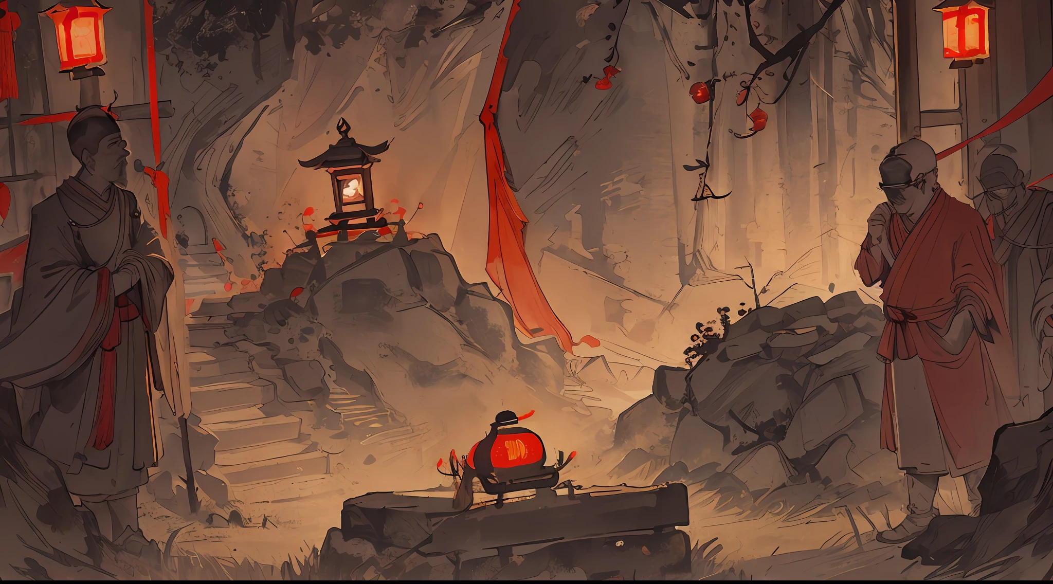 ((Rich in detail)), highest quality, disgusting breath, red lantern lit mass grave background, temple, Buddha statue (ambient light effect + filter: 0.8).