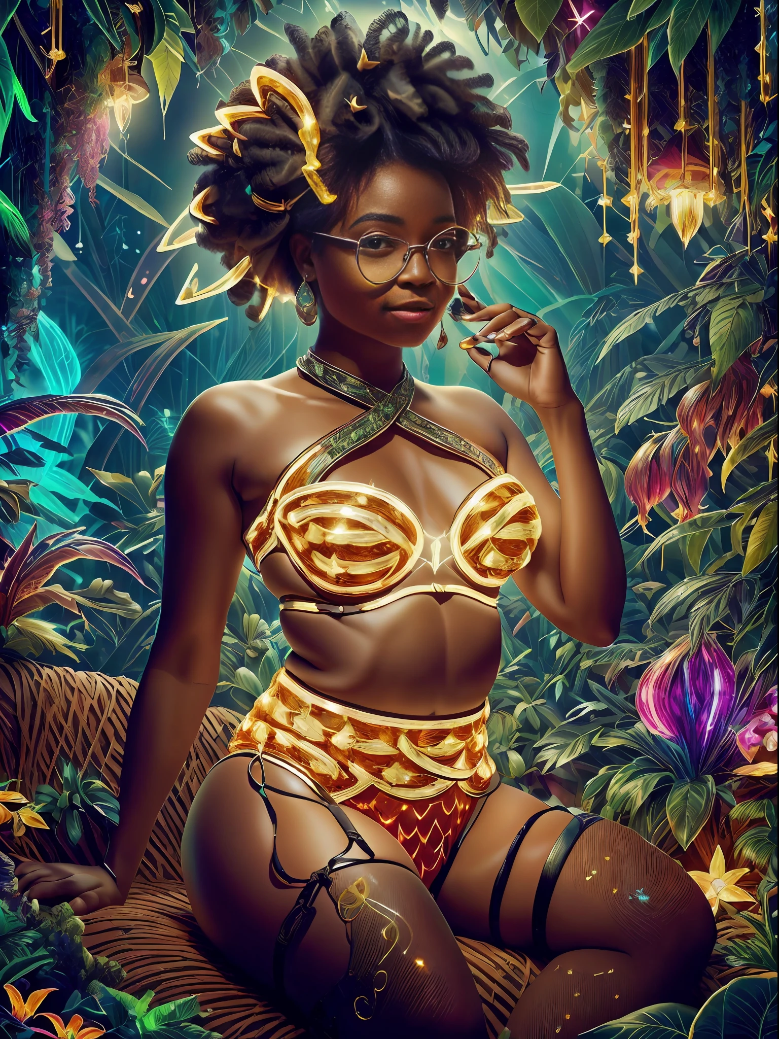 The image features high contrast utopia and depth of bioluminescent field, capturing every detail of the ((chubby ebony girl)) (sitting on a large fully-organic sofa in the middle of a greenhouse) filled with (tropical plants). (detailed face:1.25). The vibrant (flowers and colorful fruits) add to the (summer ambiance), with the dazzling sunlight creating a radiant (dazzling glow:1.8). A giant glass (snake) wrapped around the ebony woman adds an element of danger and intrigue to the scene. She wears intricate accessories such as earrings, a gold necklace, a chewer, a ring, a waist belt, a (gold chain belt), a waist chain, and a gold bangle. Her invincible smile is directed towards a nearby bush, showcasing her precise skeleton and proportions in intense detail.(((Glasses)),(dazzling sunlight: 1.3),(ebony girl reaching for her hands to the sky: 1.55), bioluminescent extra long curly rainbow hair, (Girl looking up: 1.55), (big:1.35), (big bust), (bioluminescent red underwear, bioluminescent red high heels,bioluminescent red garter belt, bioluminescent red stockings: 1.5)), perfect (long legs: 1.5),This is a masterpiece of high quality, with photorealistic visuals and cinematic direction. ((1girl))