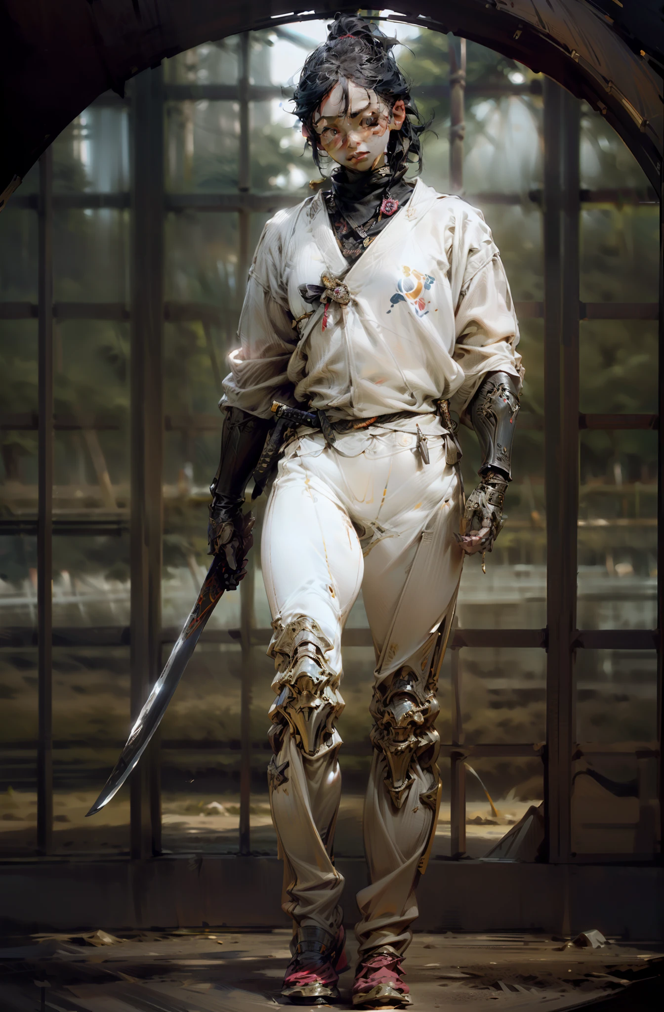 a female samurai holding a sword, walking towards the camera, (dramatic perspective, dramatic composition, ultra realistic, concept art, sony A9, 45-70mm, F40, photorealistic:1.4), human face