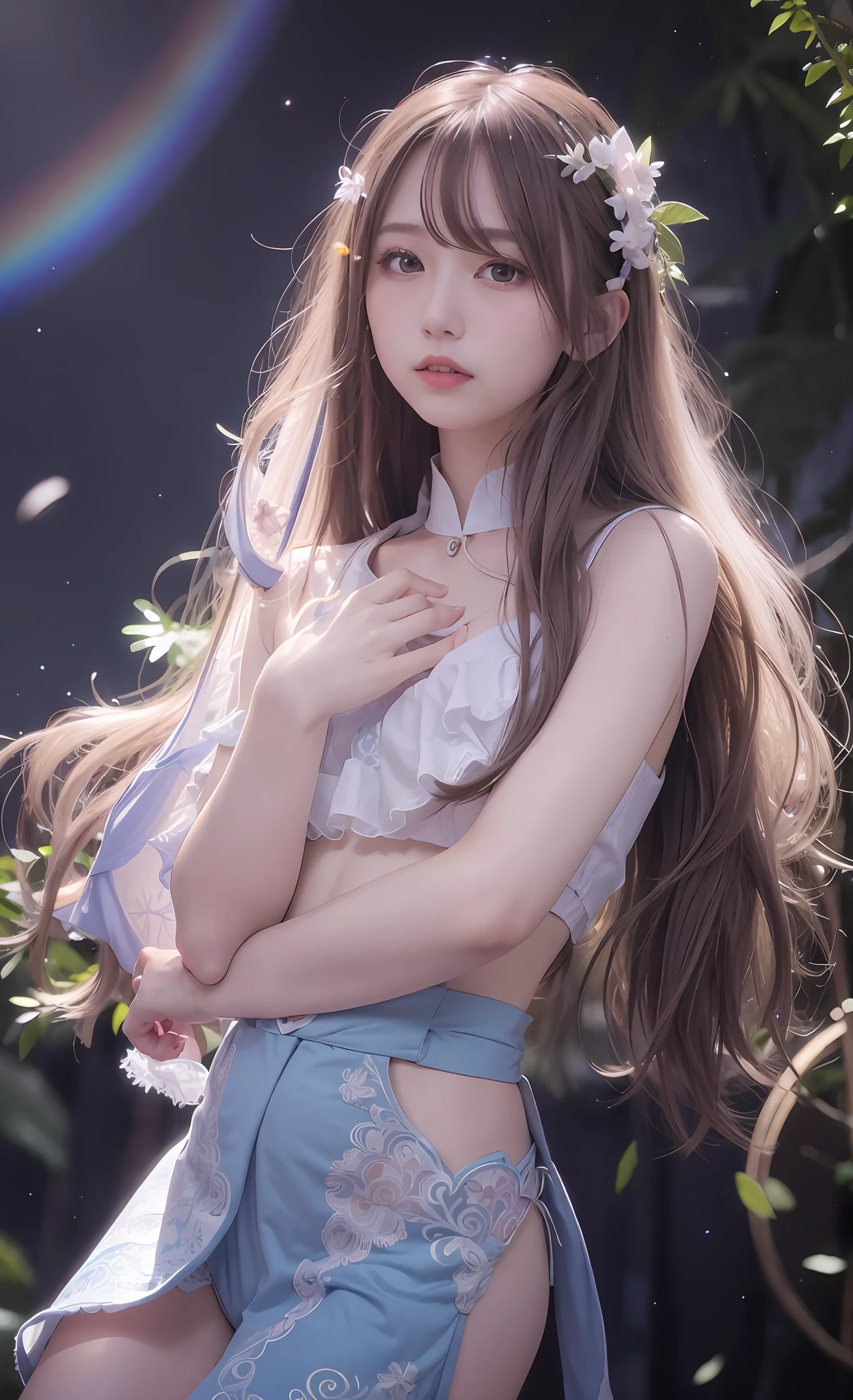 Masterpiece, Best Quality, Girls, Slender, Rainbow Color Eyes, Hair Color, Iridescent, Long Hair Spreading, White Skin, Medium, Pretty, Sexy, Halo, Near Future, Bikini, Skin Exposed, Night, Psychedelic, Trip, Extreme Color, Paisley, Highly Colored, Mandala Theme, Open Legs, Eye Shadow, False Lashes, Blushing, Mechanical Left Arm, Smile, Full Body