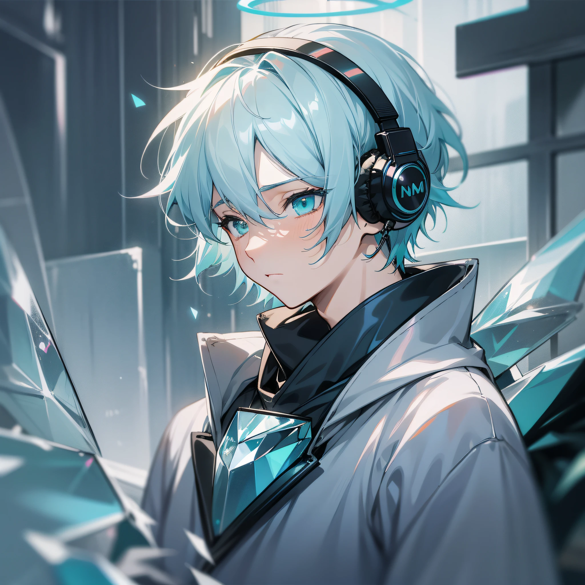 A sadness picture with 1boy dresses like a fallen angel, comma hair, sadness eyes, light blue hair, silver hair, halo, headphones, aqua eyes, crystal earrings, sad, anime, illustration, motion blur, high details, best quality, 4K