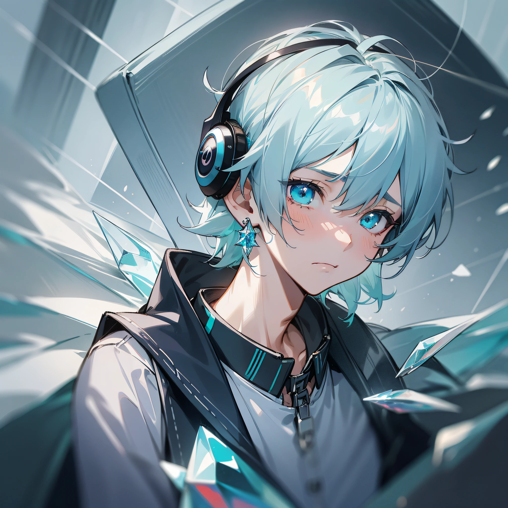 A sadness picture with 1boy dresses like a fallen angel, comma hair, sadness eyes, light blue hair, silver hair, halo, headphones, aqua eyes, crystal earrings, sad, anime, illustration, motion blur, high details, best quality, 4K