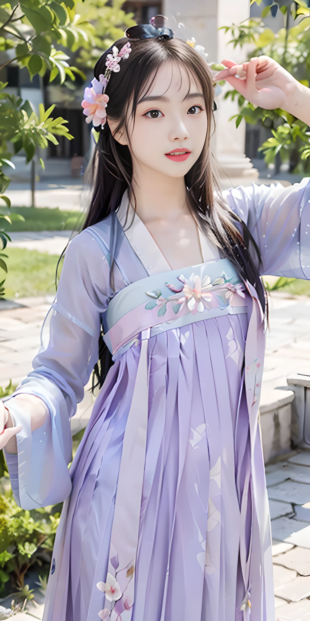 Masterpiece, black_hair, 1 girl, looking at the audience, long_hair, nail_polish, solo, ancient art, Chinese, (8k, best quality, masterpiece: 1.2), (realistic, realistic:1.2), (background sky: 1.2), (bust photo: 1.7), looking at the audience, hanfu, 1girl, (purple flower pine ink: 1.1), face close-up, detailed face, hanfu, tang system, chest-length skirt, pleated skirt,cinematic lighting, motion blur, ray tracing, god rays, bloom, drop shadow, close-up, lens flare, UHD, masterpiece, ccurate, anatomically correct, textured skin, super detail, high details, high quality, award winning, best quality, highres, 16k, HD, accurate, correct hand, (anatomically correct: 1.5),