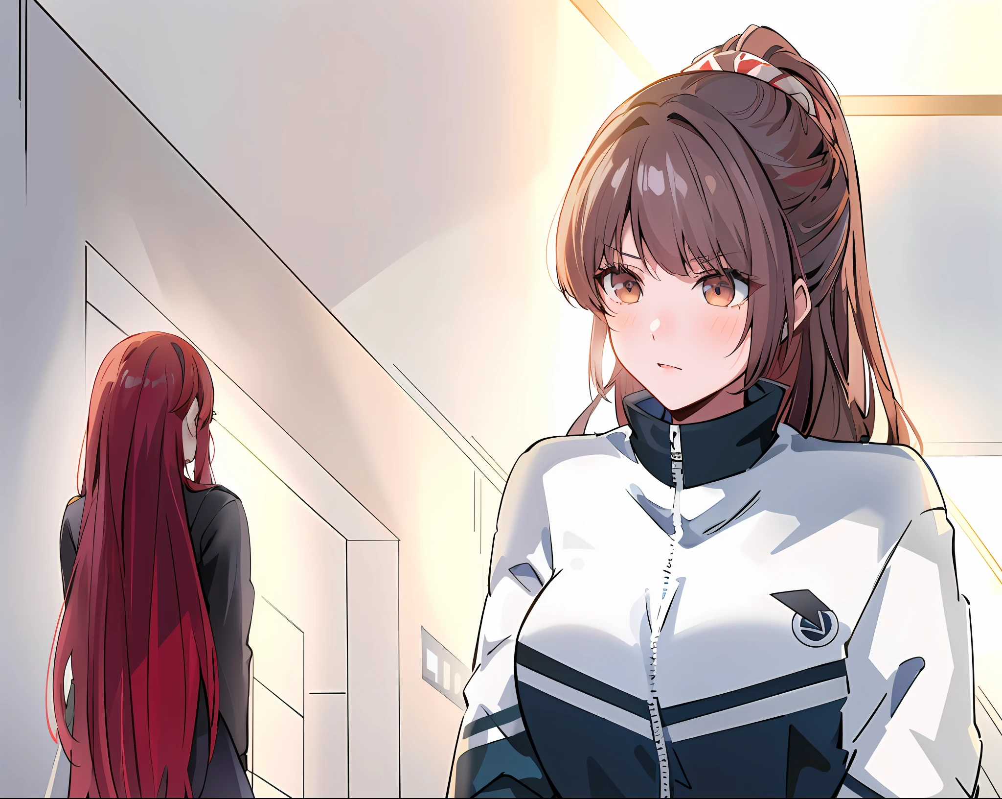 anime girl with long red hair standing in a hallway, visual novel cg, ; visual novel, digital anime illustration, smooth anime cg art, from girls frontline, va-11 hall-a, visual novel, painted in anime painter studio, girls frontline style, realistic anime artstyle, marin kitagawa fanart, in an anime style, shoujo romance