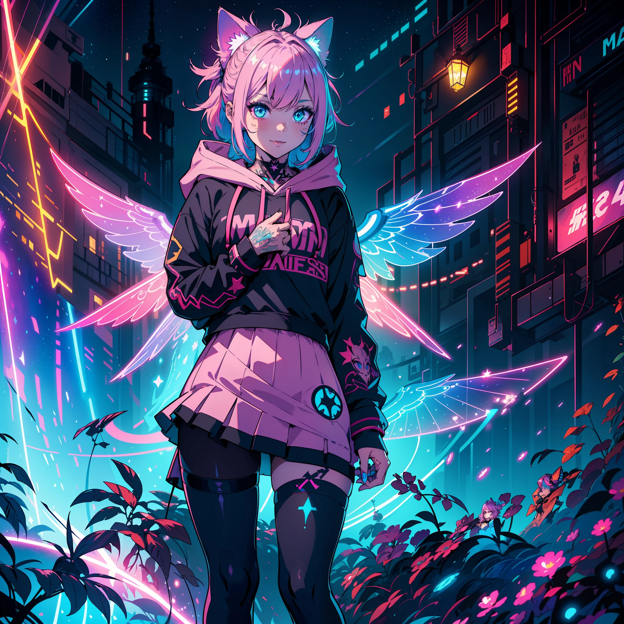 (Hyper detailed) (high resolution), (colorful), (Wafu) medium chest, curvy, (((1 girl))) (perfect anatomy), (colored hood), smile, skirt, pantyhose, big dreamy eyes, shoes, tattoos, intense shadows, mechanical tail, vibrant and contrasting colors, light pink hair, absurdly long hair, crystalline blue eyes, longeyelashes, (((stars))) blush, decorations, large mechanical wing, shiny circuits, ((bright tattoos)), arcades, technology, neon, mesmerizing digital world, intricate details, trend in artstation, top rated on Pixiv, debut, (64k), in a game room, gradient hair, backpack in the shape of a cat, motion blur, Trending at artstation headquarters, 4K, UHD, high quality.