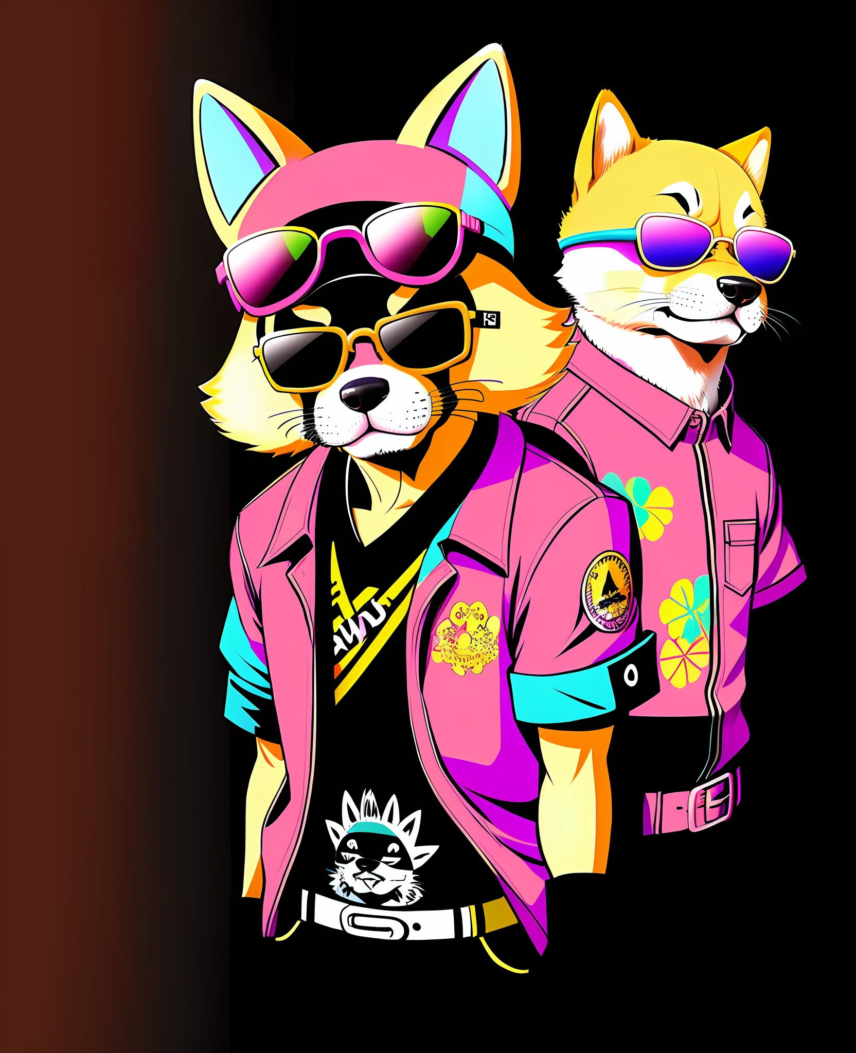 cartoon dog wearing a hawaiian shirt and sunglasses with a mustache, anthropomorphic shiba inu, inspired by Shiba Kōkan, japanese dog, fursona wearing stylish clothes, from hotline miami, looking heckin cool and stylish, kawaii cute dog, in style of digital illustration, shiba inu dog, vaporwave cartoon, shiba inu portrait