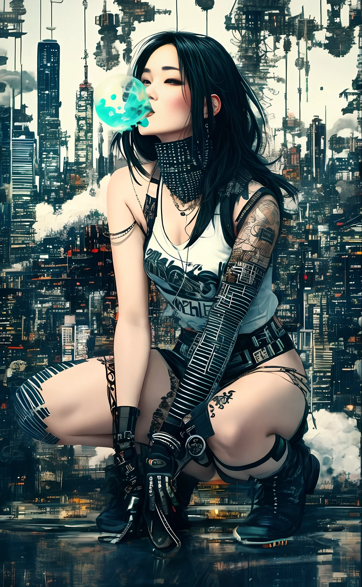 asian woman in a skeleton outfit is blowing bubblegum, tall female emo art student, goth girl, dressed in crustpunk clothing, wearing a punk outfit, kaethe butcher, badass pose, punk girl,, goth girl, masterpiece, dark aesthetic, intricate detail, background modern city, cyberpunk city, spotlights,