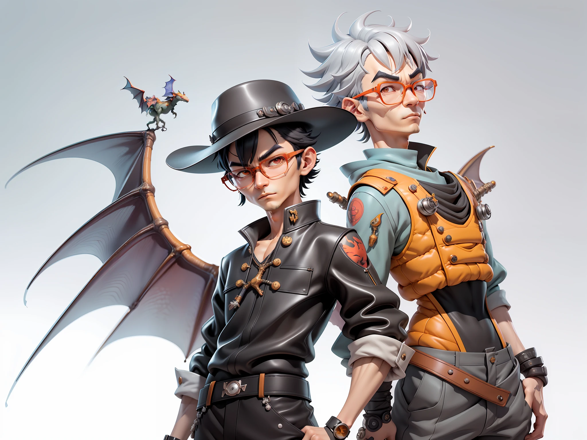 Young man with oriental face wearing leather hat wearing dragon formal suit, short black hair, silver glasses, digital painting, 3D character design by Mark Clairedon and Pixar and Hayao Miyazaki and Akira Toriyama, the illustration is a high-definition illustration in 4K resolution with very detailed facial features and cartoon-style visuals.
