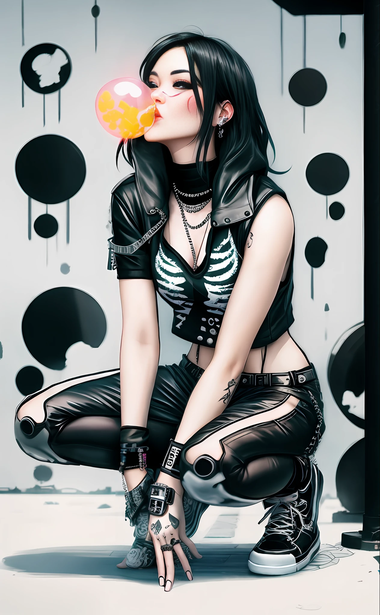 asian woman in a skeleton outfit is blowing bubblegum, tall female emo art student, goth girl, dressed in crustpunk clothing, wearing a punk outfit, kaethe butcher, badass pose, punk girl,, goth girl, masterpiece, dark aesthetic, intricate detail, background modern city, cyberpunk city, spotlights,