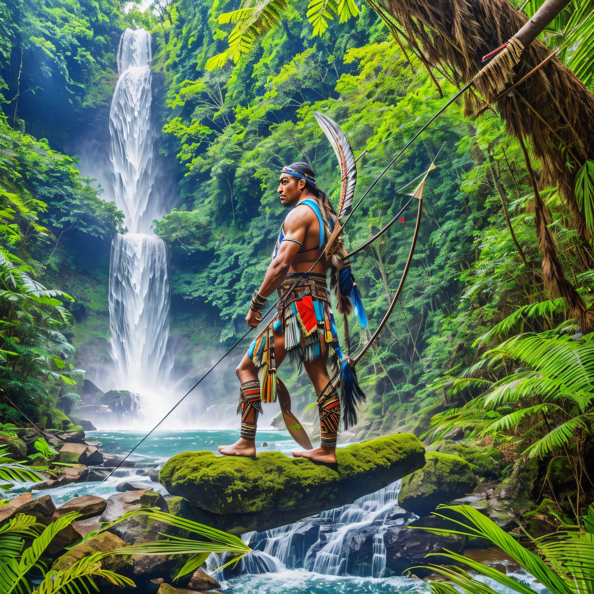 A Native American Xama Indian, in the forest, tropical fauna and flora, with bow and arrow in hand, waterfall in the background, clear sky, birds flying --auto --s2