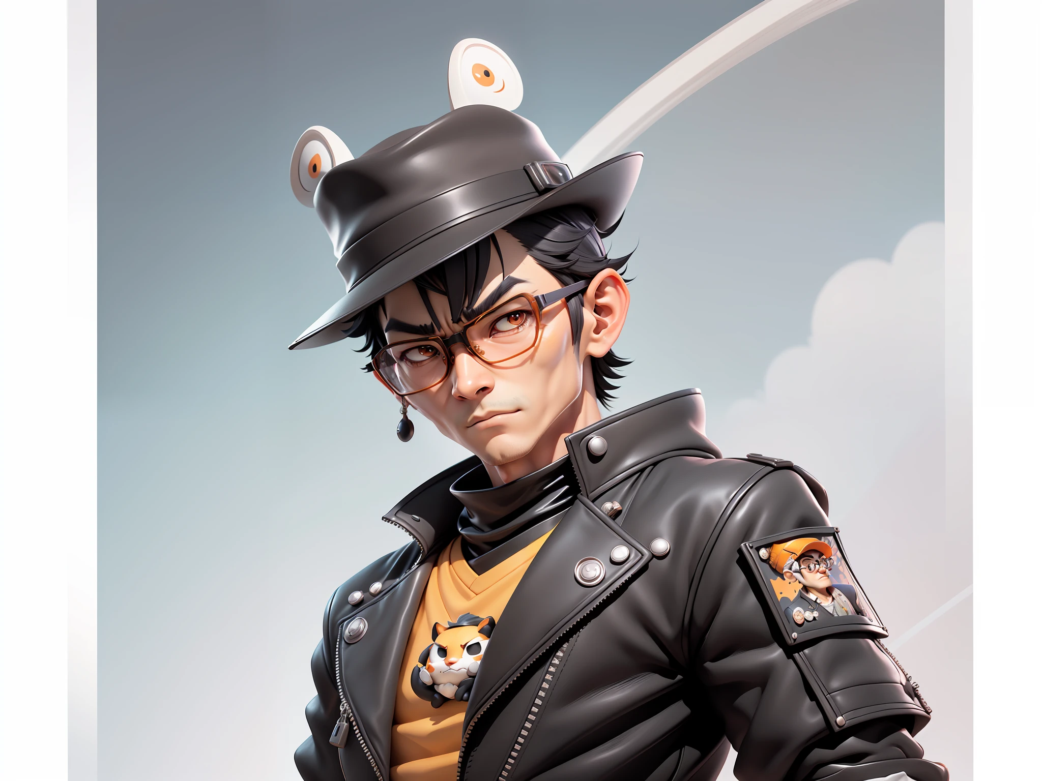 Young man with oriental face wearing leather hat wearing tiger formal suit, short black hair, silver glasses, digital painting, 3D character design by Mark Clairedon and Pixar and Hayao Miyazaki and Akira Toriyama, the illustrations are HD illustrations in 4K resolution with very detailed facial features and cartoon-style visuals.