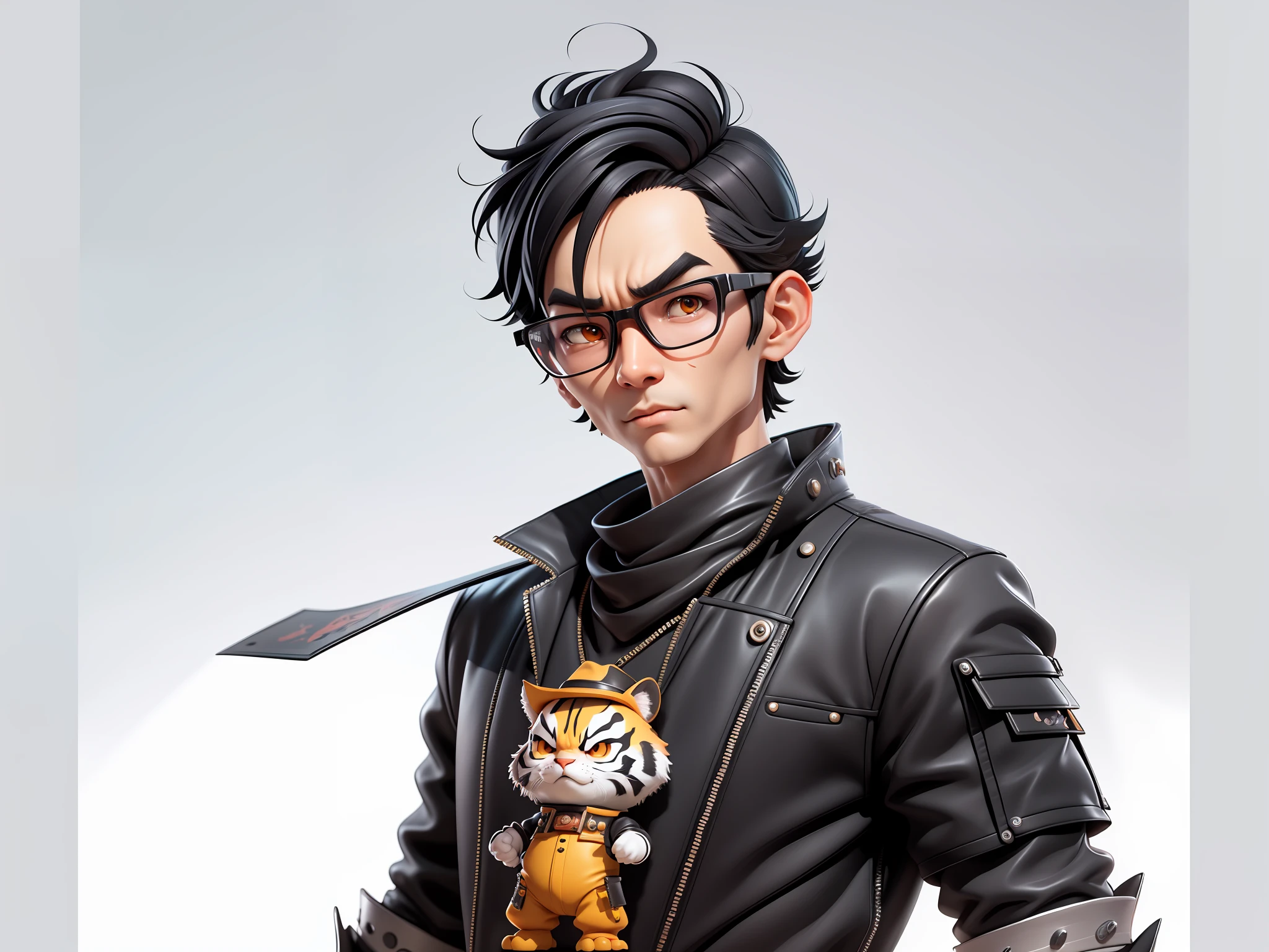Young man with oriental face wearing leather hat wearing tiger formal suit, short black hair, silver glasses, digital painting, 3D character design by Mark Clairedon and Pixar and Hayao Miyazaki and Akira Toriyama, the illustrations are HD illustrations in 4K resolution with very detailed facial features and cartoon-style visuals.