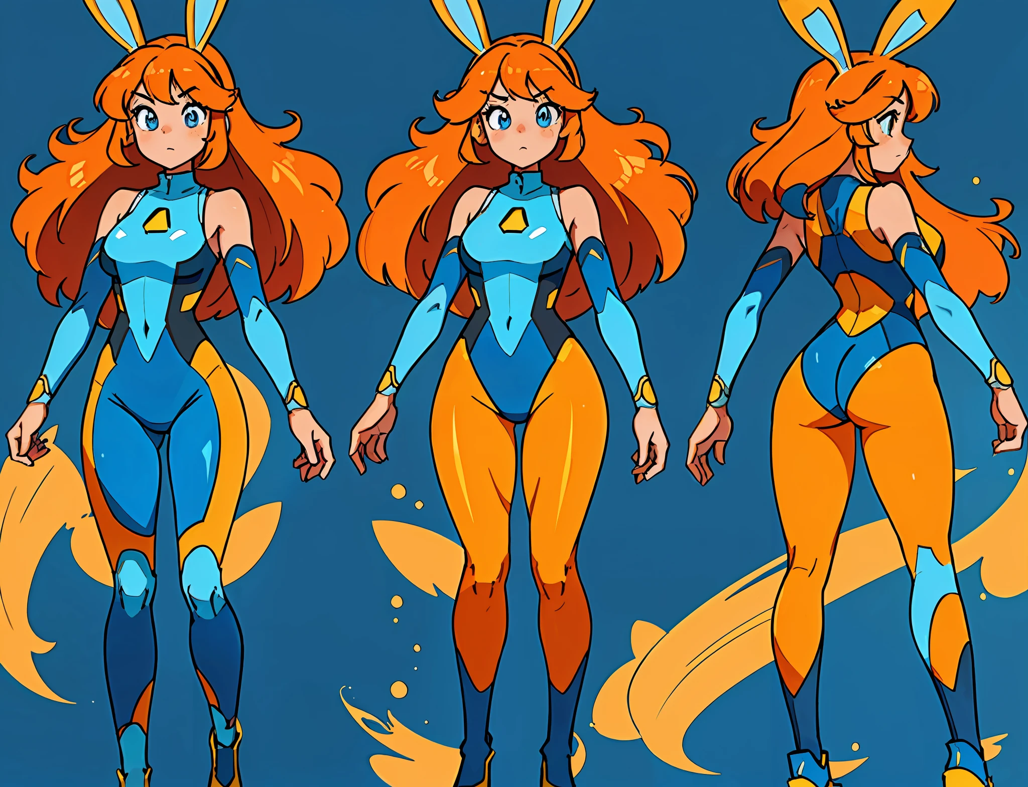 (master piece, high quality, 8k) (full body) (same character front, back, side view) (model sheet) (multiple views of the same character) rabbit woman with blue and yellow eyes, in a blue bathing suit, long orange hair, messy long orange hair with rabbit ears same color bunny ears, space dandy, space hero, galactic hero, anime hero female, long legs, womanly figure. 8k, (RAW photo, best quality), beautiful detailed eyes, extremely detailed eyes and face, perfect anatomy, an extremely delicate and cute cubby face, big round blue eyes, long messy orange hair natural lighting,