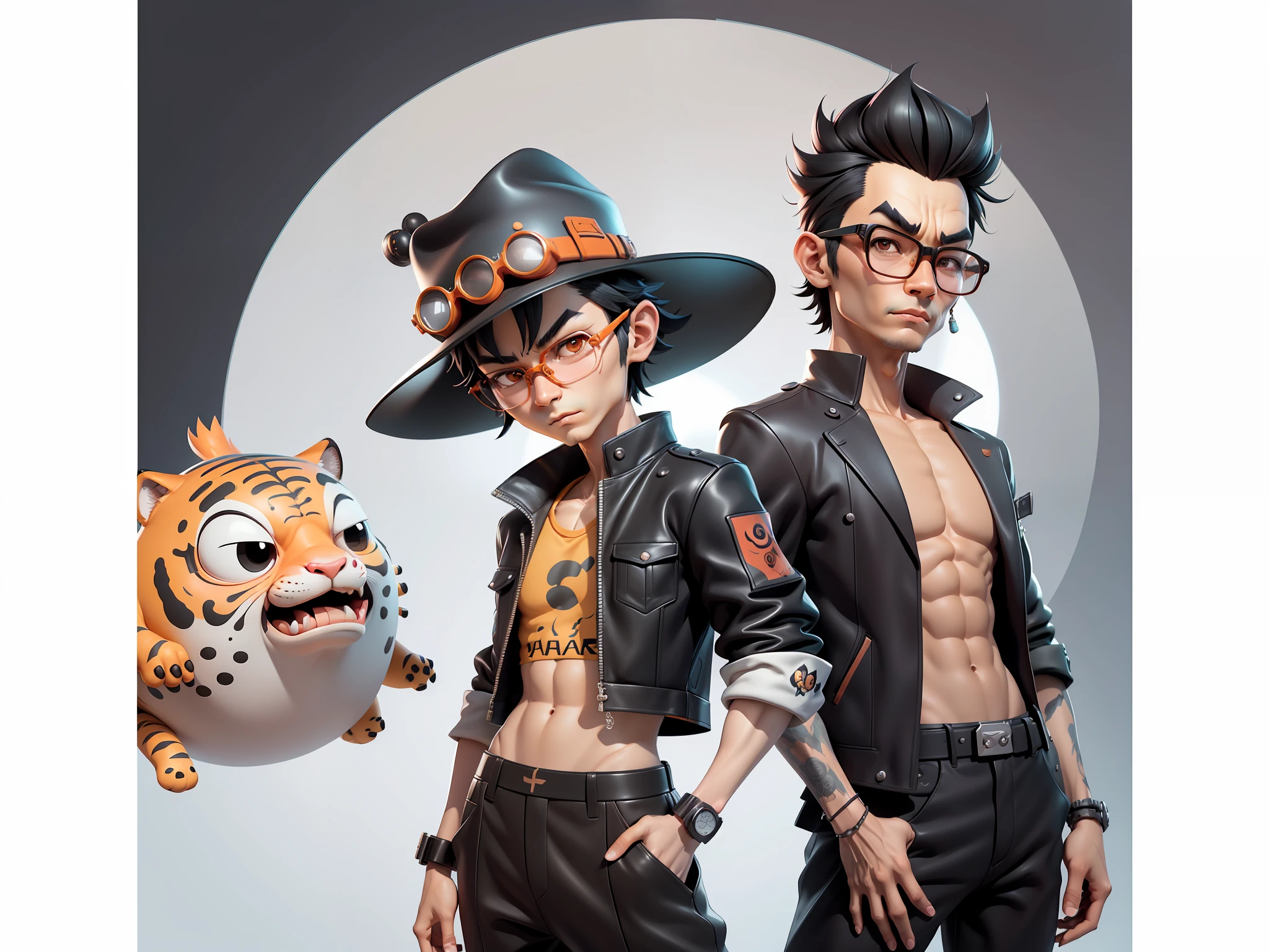 Young man with oriental face wearing leather hat wearing tiger formal suit, short black hair, silver glasses, digital painting, 3D character design by Mark Clairedon and Pixar and Hayao Miyazaki and Akira Toriyama, the illustrations are HD illustrations in 4K resolution with very detailed facial features and cartoon-style visuals.