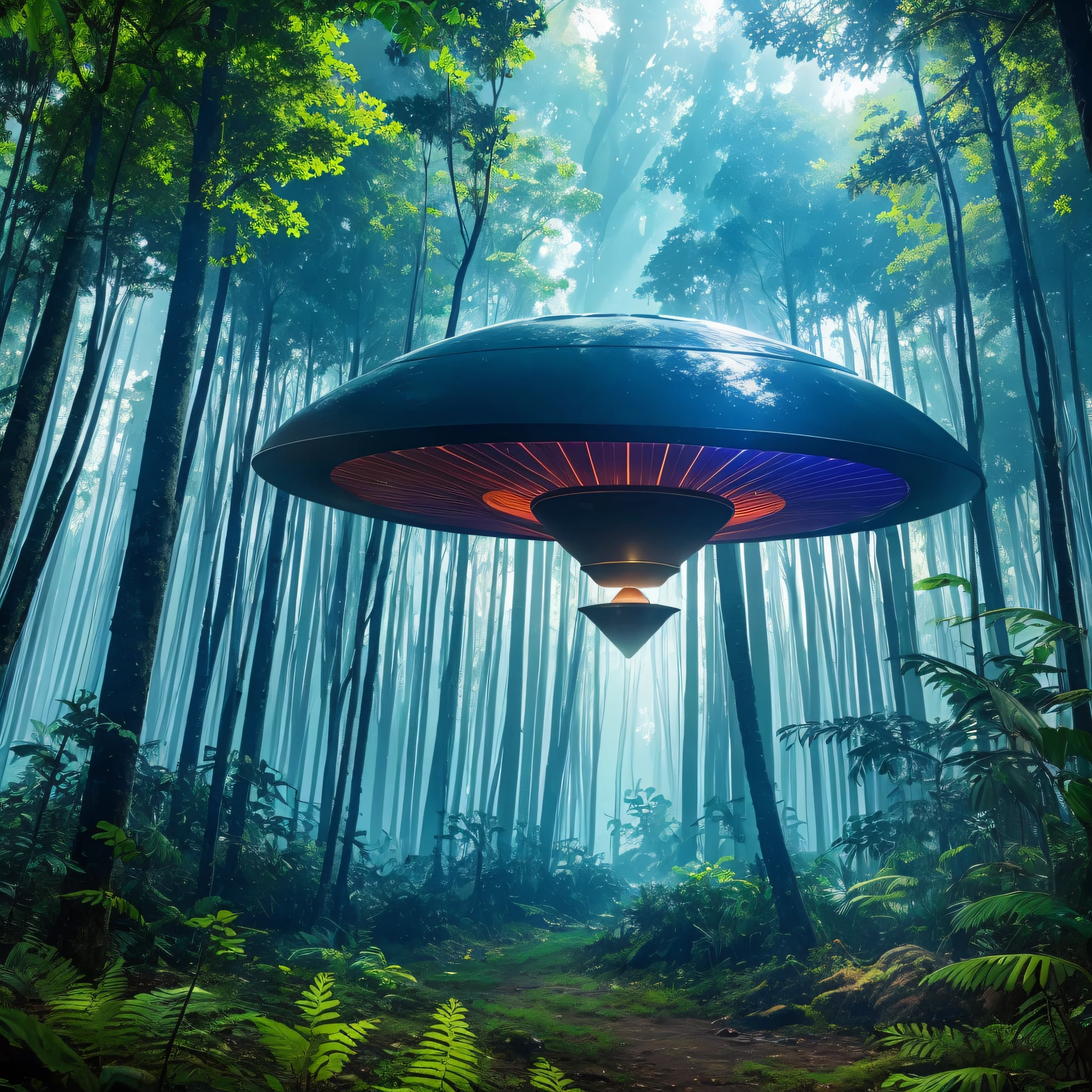A mysterious and fascinating scene. Visualize a UFO perched in the middle of a dense forest in the Amazon. This UFO is vibrant and colorful, with bright lights in broad daylight. Let your creativity flow as you portray this extraterrestrial scene, capturing the enigmatic atmosphere and sense of wonder that this encounter brings. What stories and secrets await in this encounter between the unknown, cinematic and realistic scene, gliding object, untouchable. --auto --s2