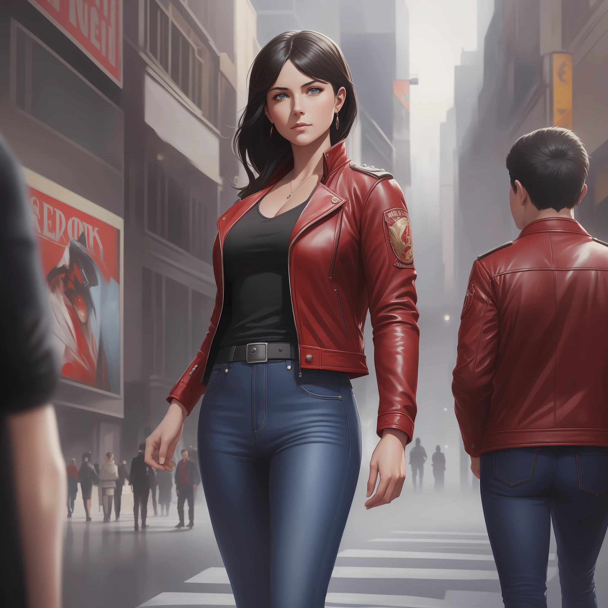 photo of (gmazzeo), (a woman wearing a red jacket), modelshoot style, (extremely detailed CG unit of 8k wallpaper), photo of the most beautiful artwork in the world, majestic professional oil painting by Ed Blinkey, Atey Ghailan, Studio Ghibli, by Jeremy Mann, Greg Manchess, Antonio Moro, trend at ArtStation, trend at CGSociety, Intricate, High Detail,  Sharp, dramatic focus, photorealistic painting art by midjourney and greg rutkowski, (black leather band), ((film premiere gala)), ((standing on the red carpet)), (detailed eyes:1.2), (wearing blue jeans) --auto --s2