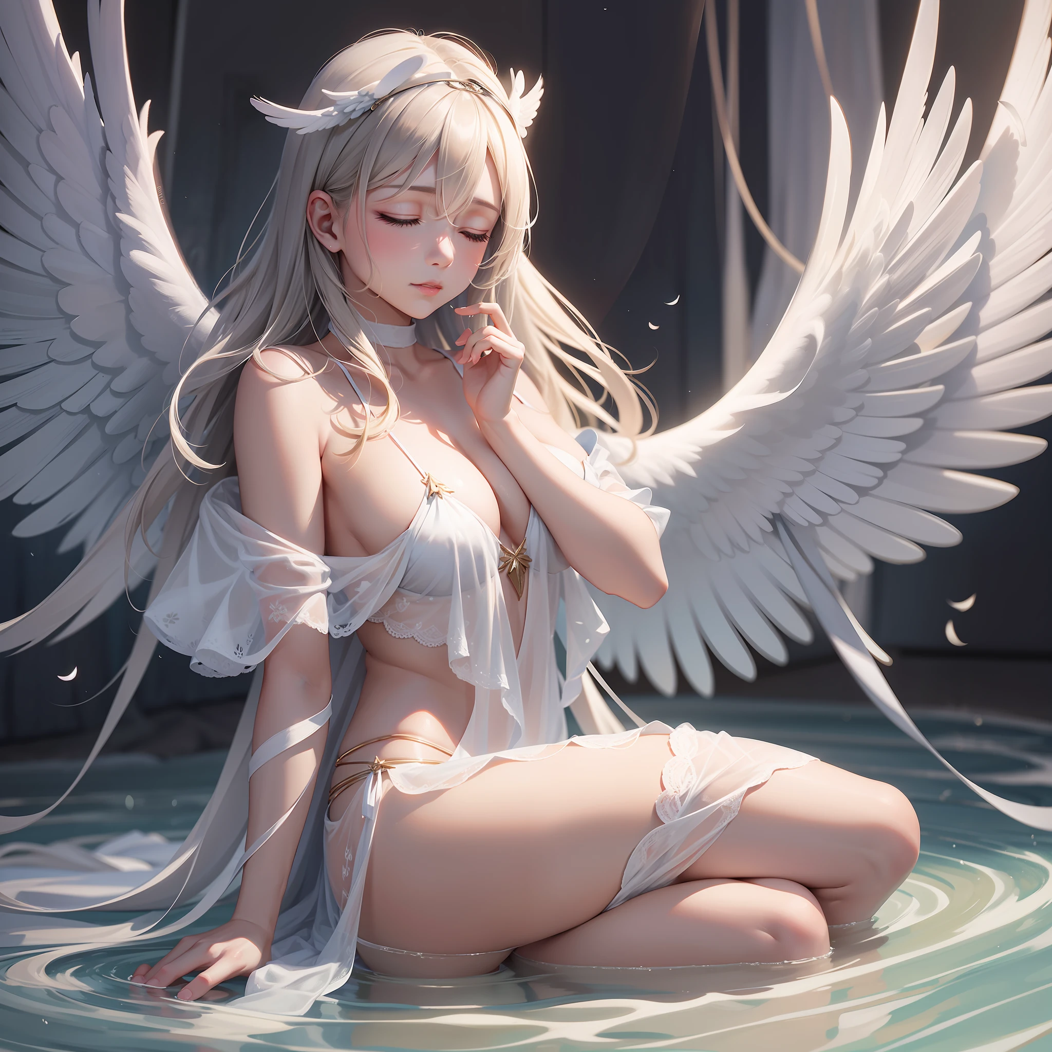 Ultra-realistic, angel wings enveloping the body, fair skin, closed eyes and looking down,