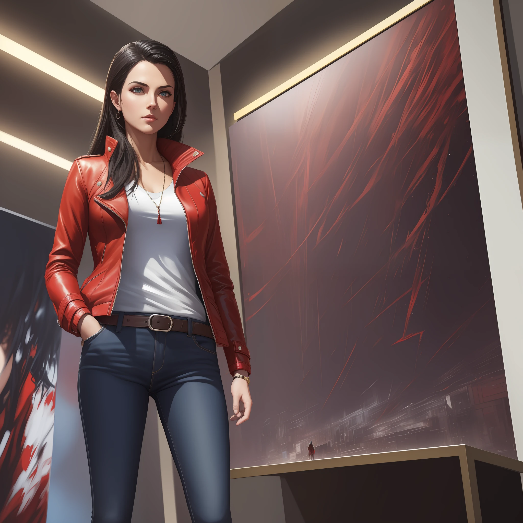 photo of (gmazzeo), (a woman wearing a red jacket), modelshoot style, (extremely detailed CG unit of 8k wallpaper), photo of the most beautiful artwork in the world, majestic professional oil painting by Ed Blinkey, Atey Ghailan, Studio Ghibli, by Jeremy Mann, Greg Manchess, Antonio Moro, trend at ArtStation, trend at CGSociety, Intricate, High Detail, Sharp, dramatic focus, photorealistic painting art by midjourney and greg rutkowski, (black leather band), ((film premiere gala)), ((standing on the red carpet)), (detailed eyes:1.2), (wearing blue jeans) --auto --s2