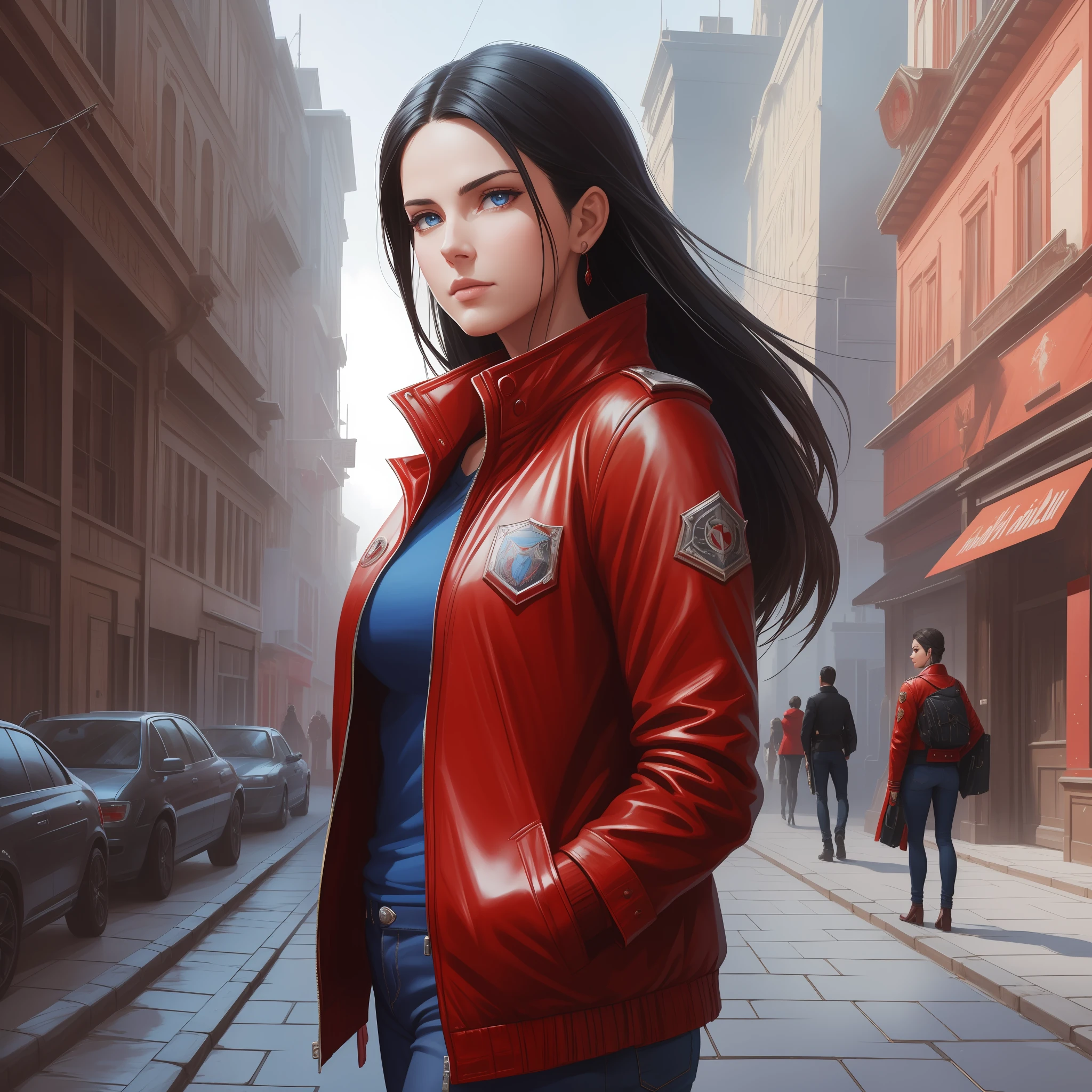 photo of (gmazzeo), (a woman wearing a red jacket), modelshoot style, (extremely detailed CG unit of 8k wallpaper), photo of the most beautiful artwork in the world, majestic professional oil painting by Ed Blinkey, Atey Ghailan, Studio Ghibli, by Jeremy Mann, Greg Manchess, Antonio Moro, trend at ArtStation, trend at CGSociety, Intricate, High Detail,  Sharp, dramatic focus, photorealistic painting art by midjourney and greg rutkowski, (black leather band), ((film premiere gala)), ((standing on the red carpet)), (detailed eyes:1.2), (wearing blue jeans) --auto --s2