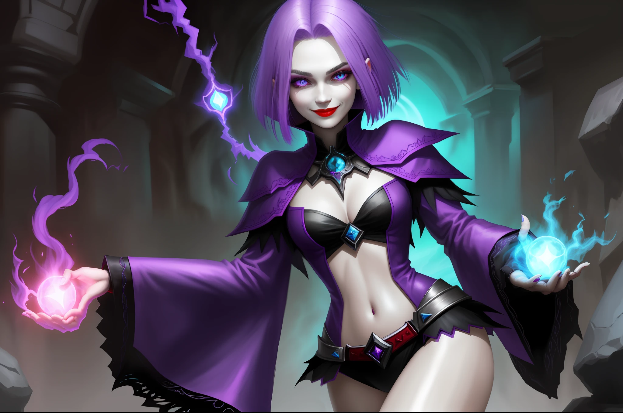 Necromancer Mage short purple straight hair without bangs with smile red lipstick and with light blue eyes