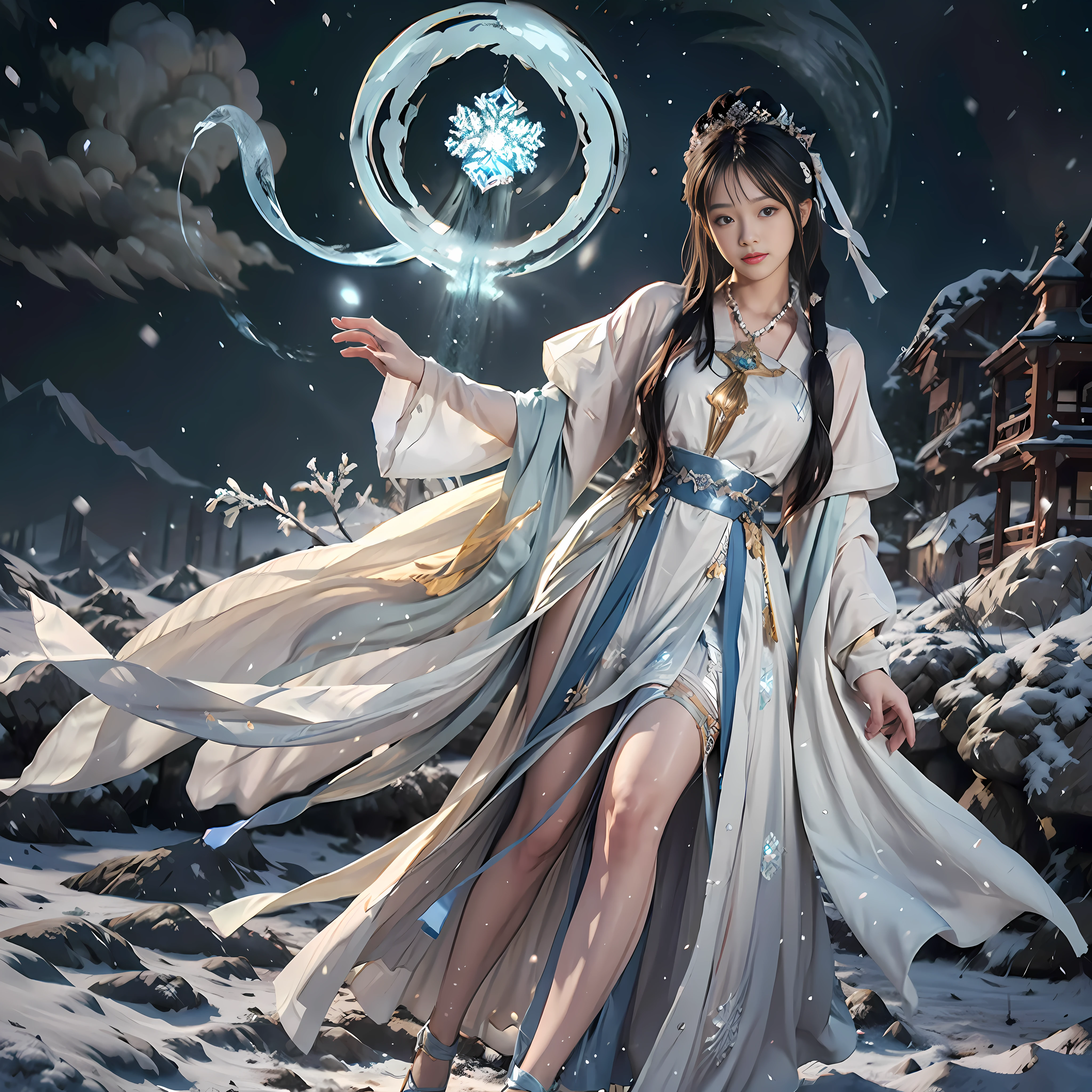 Vast landscape photo, above is the sky in the middle is the snow mountain below, a girl standing on the snow looking up, exquisite background, winter, snow mountain, BREAK making art, (cold light source: 1.2), intricate details, volumetric lighting BREAK (Masterpiece: 1.2), (Best Quality), 4k, Ultra Detailed, (Dynamic Composition: 1.4), Rich Detail, (Solo: 1.2), Blush, Extra Lots of Details, Delicate Hair, Messy Hair, Smile, Hanfu, Slip Dress, Perfect Hand, Right Hand, Sapphire Pendant, Blue Pupil, Ice Mage, Snowscape, Snow, Snowflake, Glacier, Arctic, Blue Crystal, Lots of Blue White, Dreamy, Mythical, Perfect Cloud, Legs Exposed, Bare Feet, Thighs Exposed,