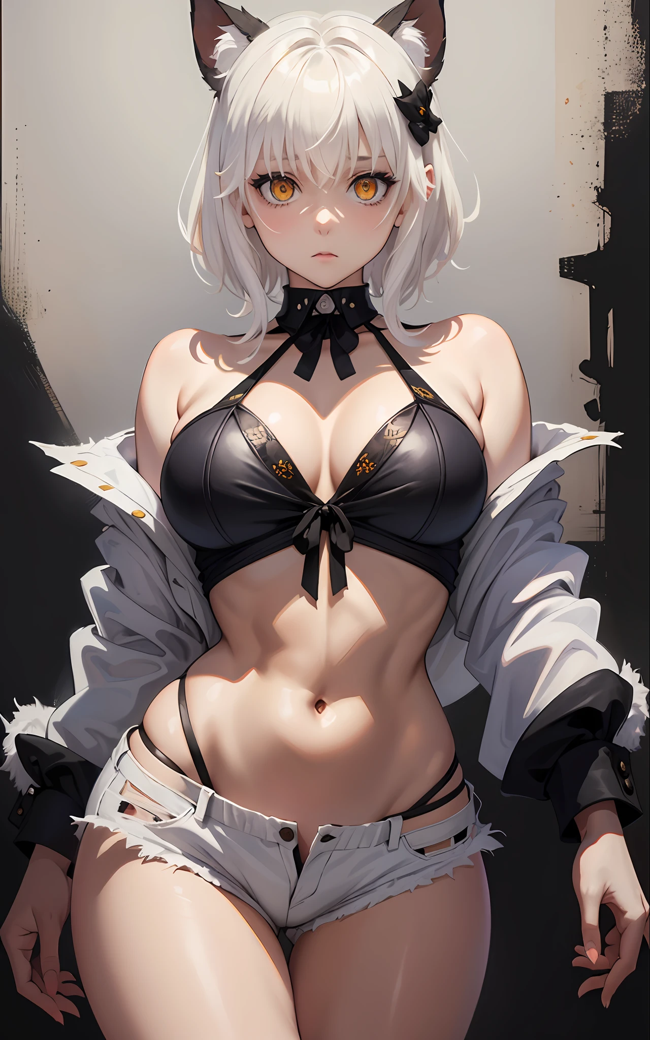 masterpiece, short shorts, navel, collarbone, masterpiece, best quality, highres, dark persona, watercolor painting theme, (looking at the viewer: 1.1), wide hips, big ass, standing, bent, tojou koneko, yellow eyes, white hair, short hair, hair decoration, white shirt, black ribbon around the neck,