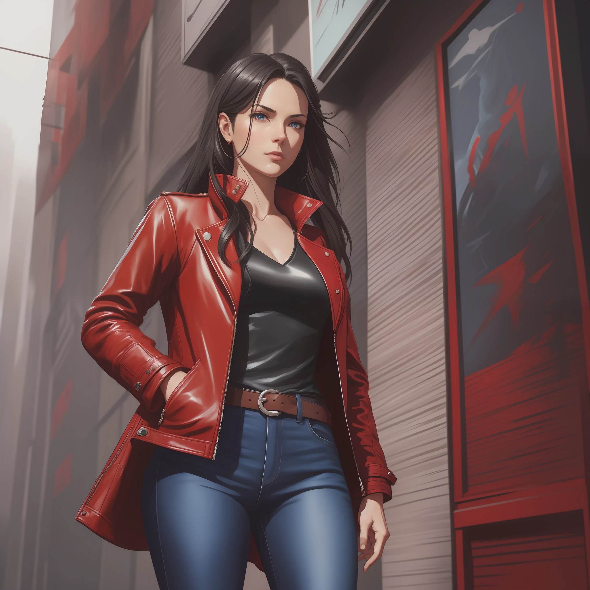 photo of (gmazzeo), (a woman wearing a red jacket), modelshoot style, (extremely detailed CG unit of 8k wallpaper), photo of the most beautiful artwork in the world, majestic professional oil painting by Ed Blinkey, Atey Ghailan, Studio Ghibli, by Jeremy Mann, Greg Manchess, Antonio Moro, trend at ArtStation, trend at CGSociety, Intricate, High Detail,  Sharp, dramatic focus, photorealistic painting art by midjourney and greg rutkowski, (black leather band), ((film premiere gala)), ((standing on the red carpet)), (detailed eyes:1.2), (wearing blue jeans) --auto --s2