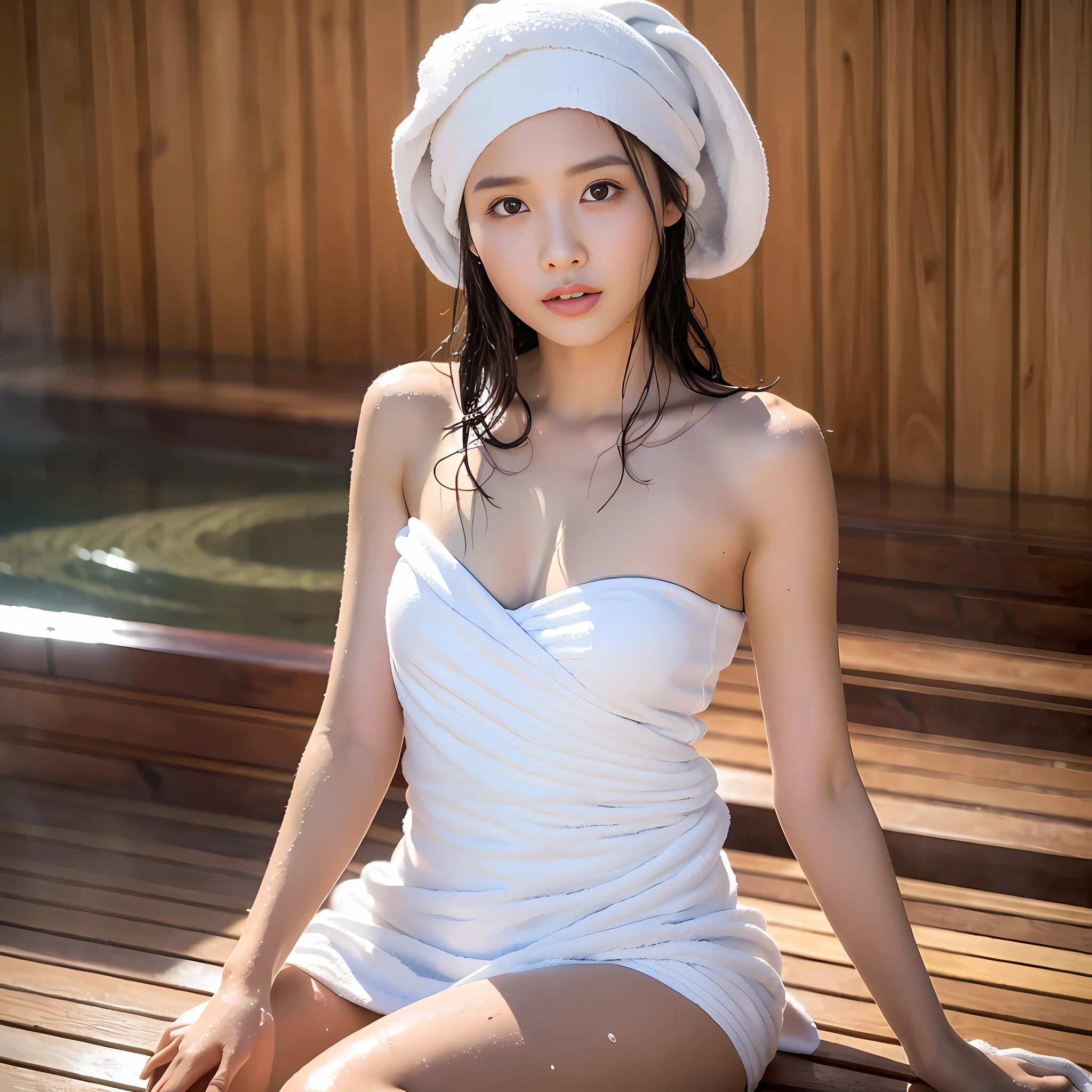 1girl, solo, (Best Masterpiece, Best Quality, 8K, Photorealistic, Mulberry: 1.37), Full body, Super cute Japan woman, Slender figure: 1.1, Small breasts, Looking ahead, Sitting, Sauna, Double eyelids, droopy eyes, Black hair, (Face wet with sweat, Body wet with sweat: 1.2): 0.2, (White large size towel dress , strapless: 1.2), (small size, white towel turban: 1.1), Finnish sauna, makeup, gloss slip, face focus, small face, sharp focus, bright lighting, sexy look, toned hips