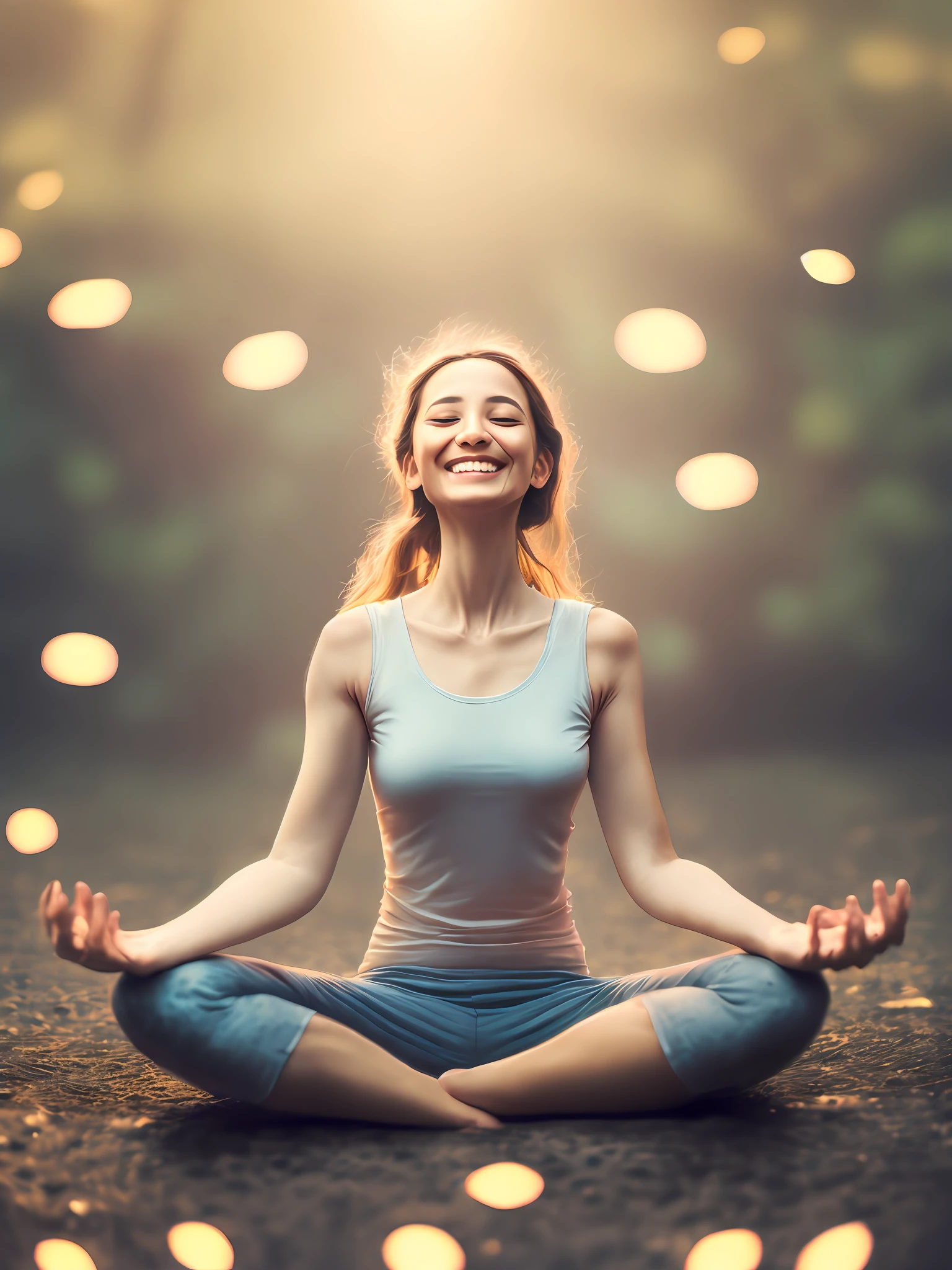 a woman in lotus pose floating above the ground, smiling slightly, blissful, bokeh