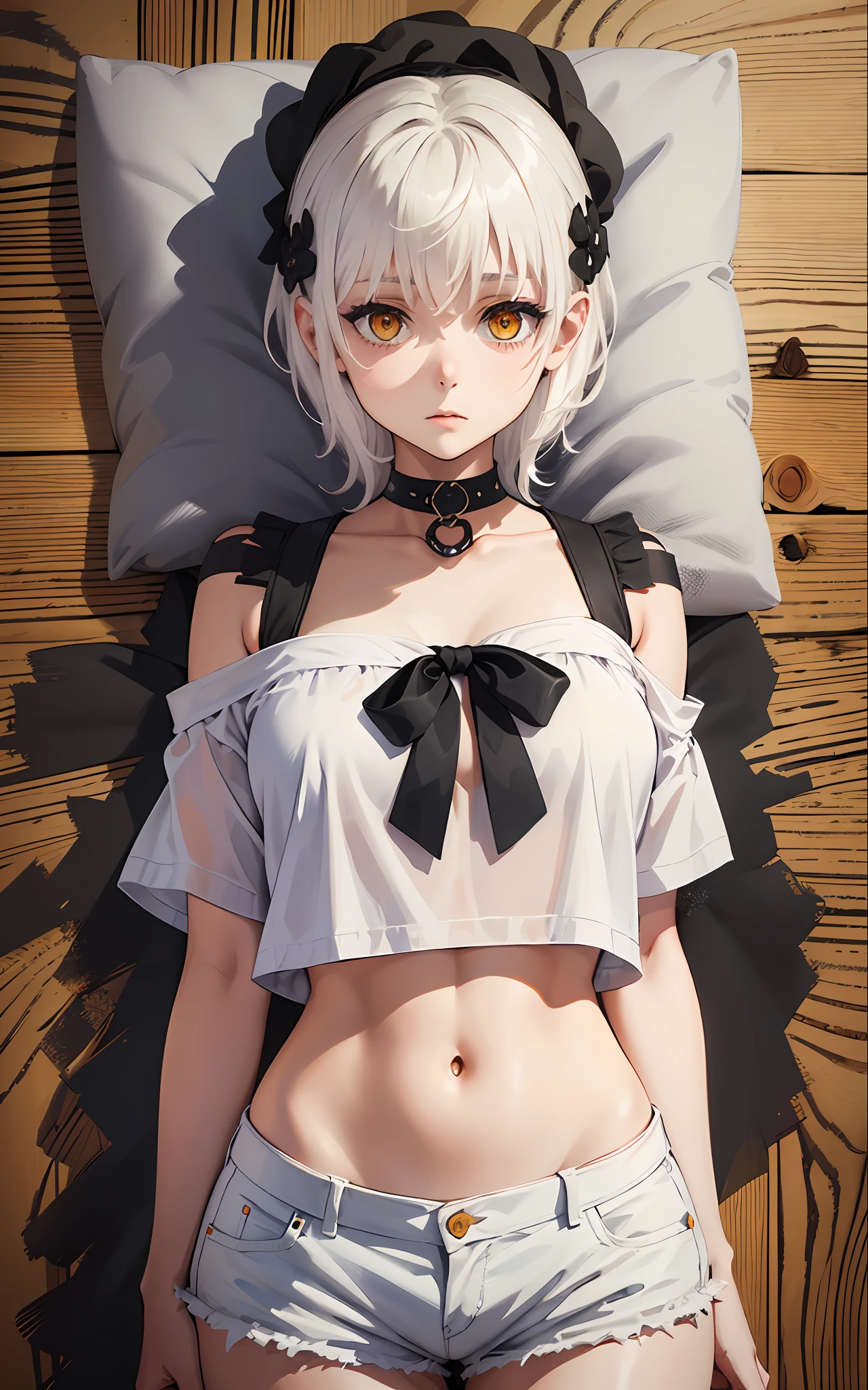 masterpiece, short shorts, navel, collarbone, masterpiece, best quality, highres, dark persona, watercolor painting theme, (looking at the viewer: 1.1), wide hips, big ass, standing, bent, tojou koneko, yellow eyes, white hair, short hair, hair decoration, white shirt, black ribbon around the neck,