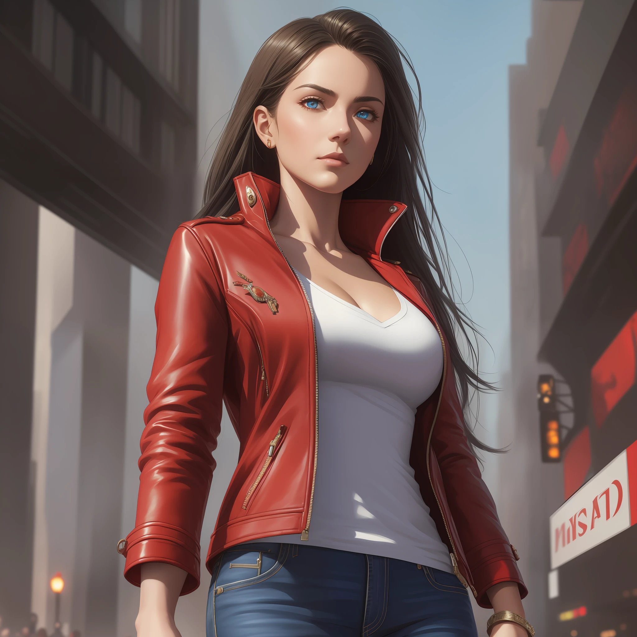 photo of (gmazzeo), (a woman wearing a red jacket), modelshoot style, (extremely detailed CG unit of 8k wallpaper), photo of the most beautiful artwork in the world, majestic professional oil painting by Ed Blinkey, Atey Ghailan, Studio Ghibli, by Jeremy Mann, Greg Manchess, Antonio Moro, trend at ArtStation, trend at CGSociety, Intricate, High Detail, Sharp, dramatic focus, photorealistic painting art by midjourney and greg rutkowski, (black leather band), ((film premiere gala)), ((standing on the red carpet)), (detailed eyes:1.2), (wearing blue jeans) --auto --s2