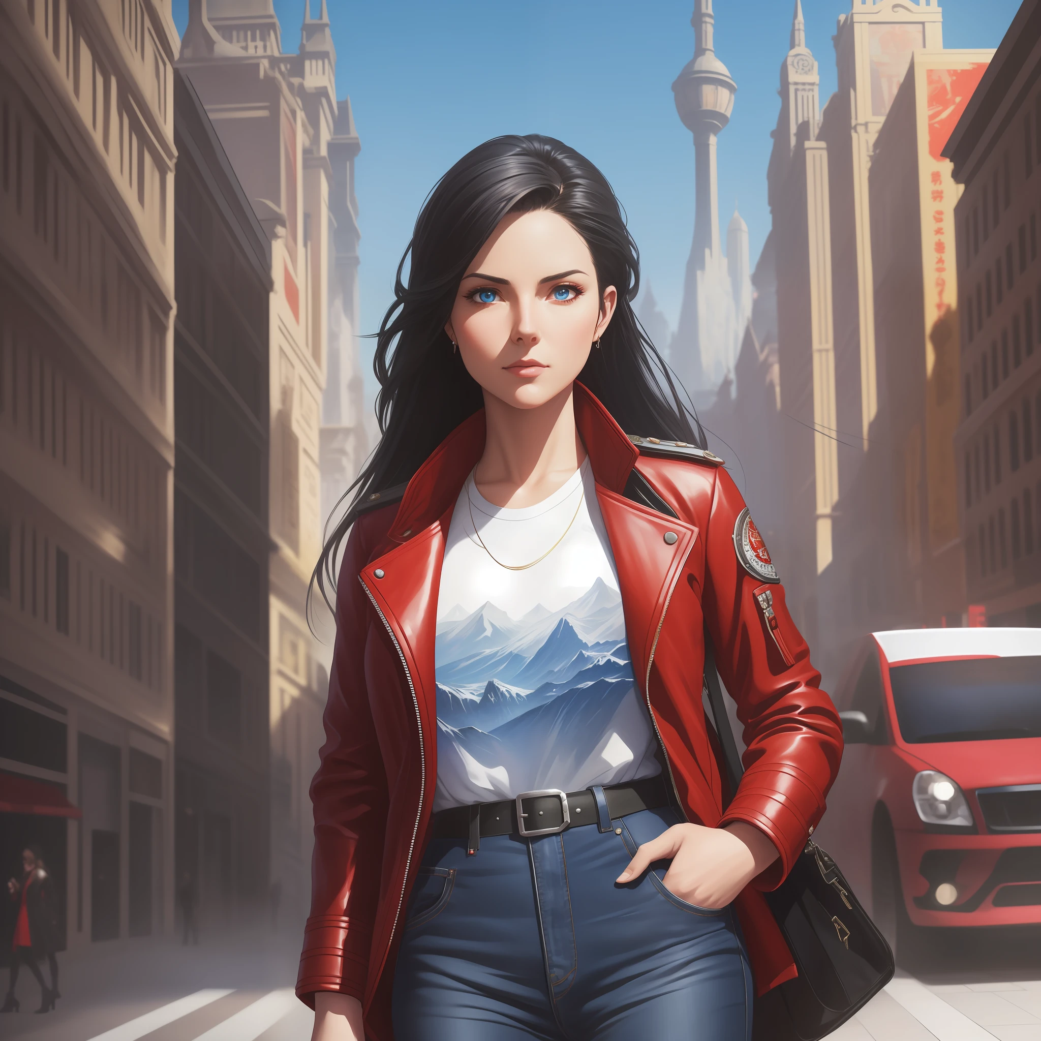 photo of (gmazzeo), (a woman wearing a red jacket), modelshoot style, (extremely detailed CG unit of 8k wallpaper), photo of the most beautiful artwork in the world, majestic professional oil painting by Ed Blinkey, Atey Ghailan, Studio Ghibli, by Jeremy Mann, Greg Manchess, Antonio Moro, trend at ArtStation, trend at CGSociety, Intricate, High Detail, Sharp, dramatic focus, photorealistic painting art by midjourney and greg rutkowski, (black leather band), ((film premiere gala)), ((standing on the red carpet)), (detailed eyes:1.2), (wearing blue jeans) --auto --s2
