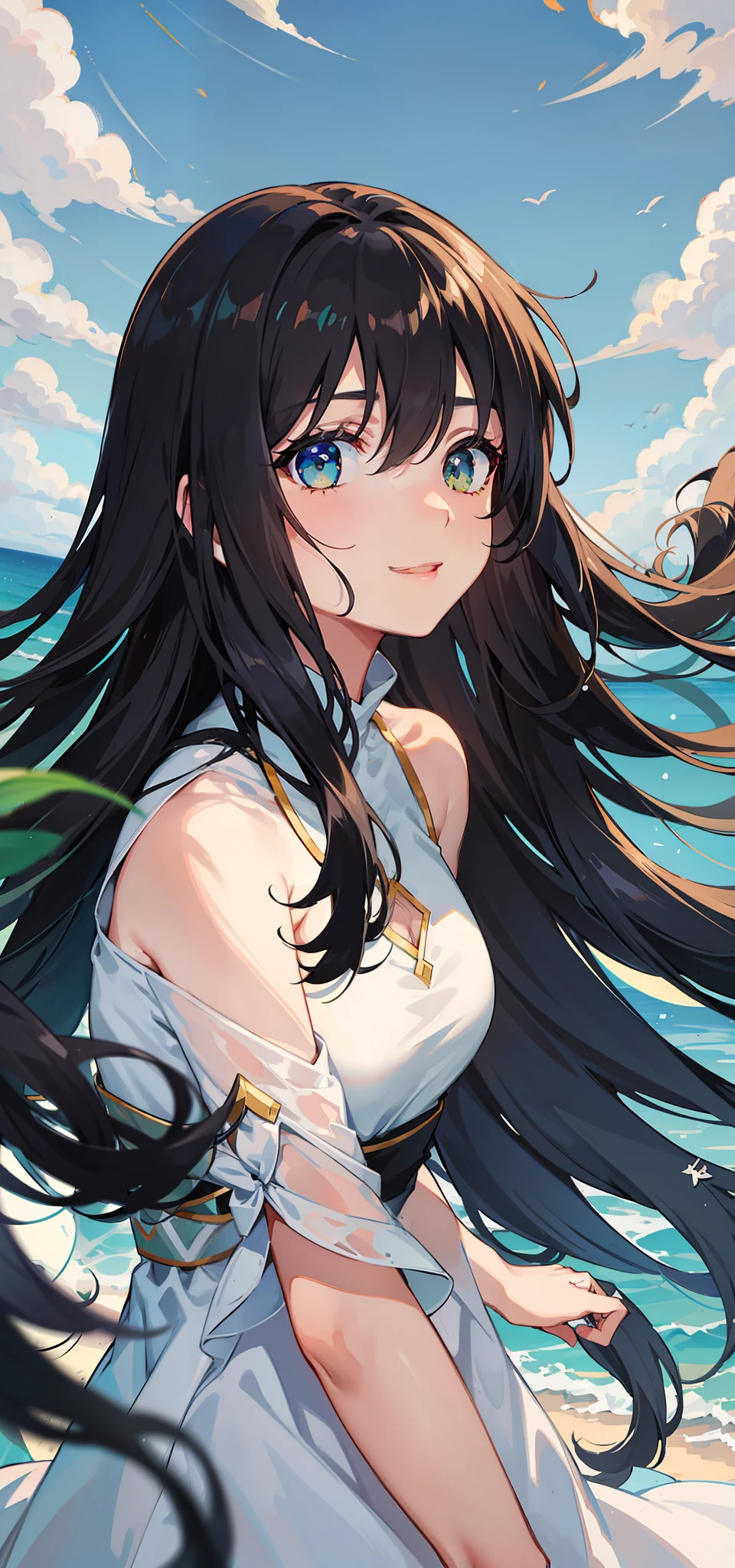 Two-dimensional, a girl, girl, black hair, hair between the eyes, long hair, scattered, hair blown up by the wind, green eyes, deep eyes, big watery eyes, simple pure white long dress, smile, gentle, sister fan, sister