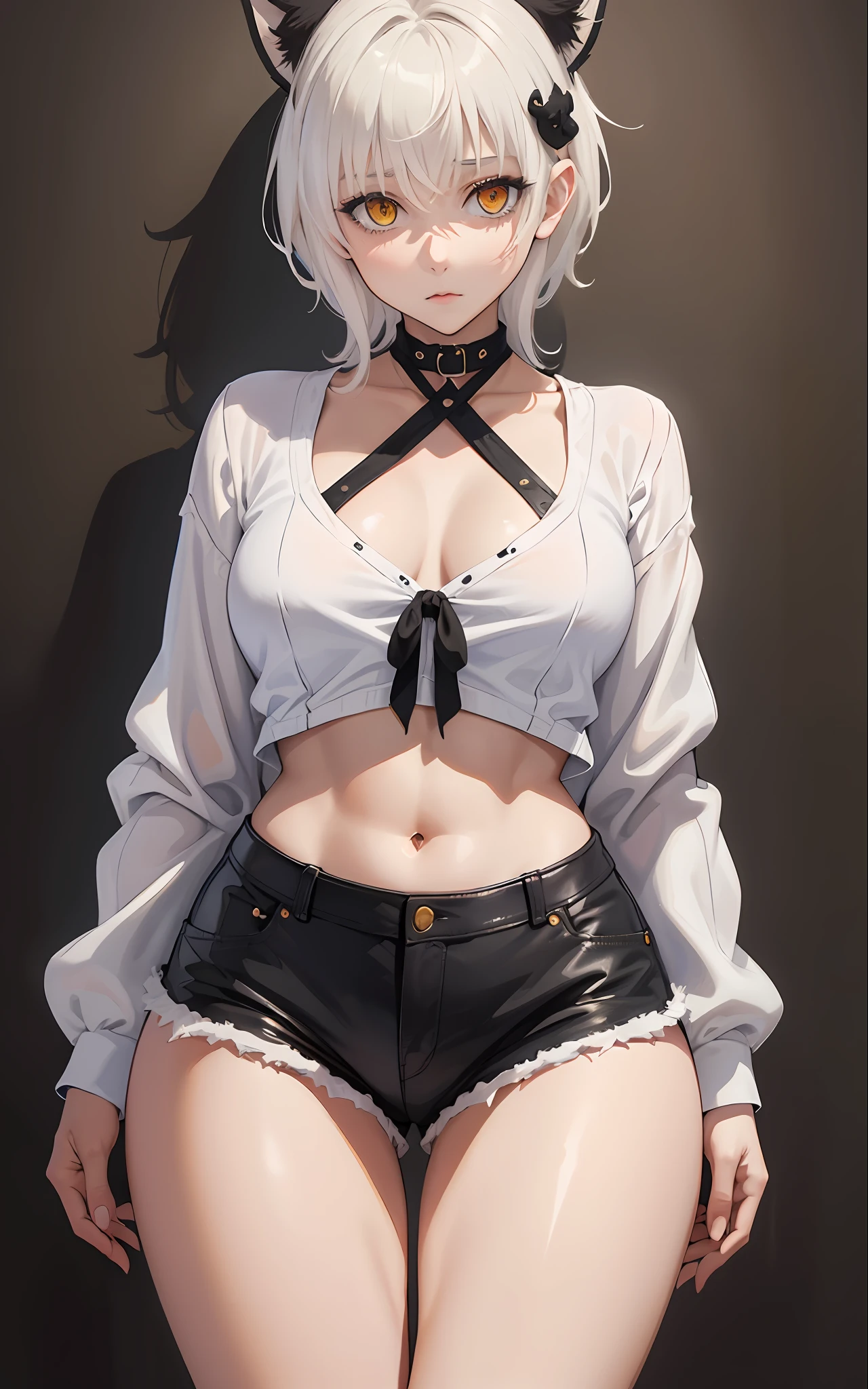 masterpiece, short shorts, navel, collarbone, masterpiece, best quality, highres, dark persona, watercolor painting theme, (looking at the viewer: 1.1), wide hips, big ass, standing, bent, tojou koneko, yellow eyes, white hair, short hair, hair decoration, white shirt, black ribbon around the neck,