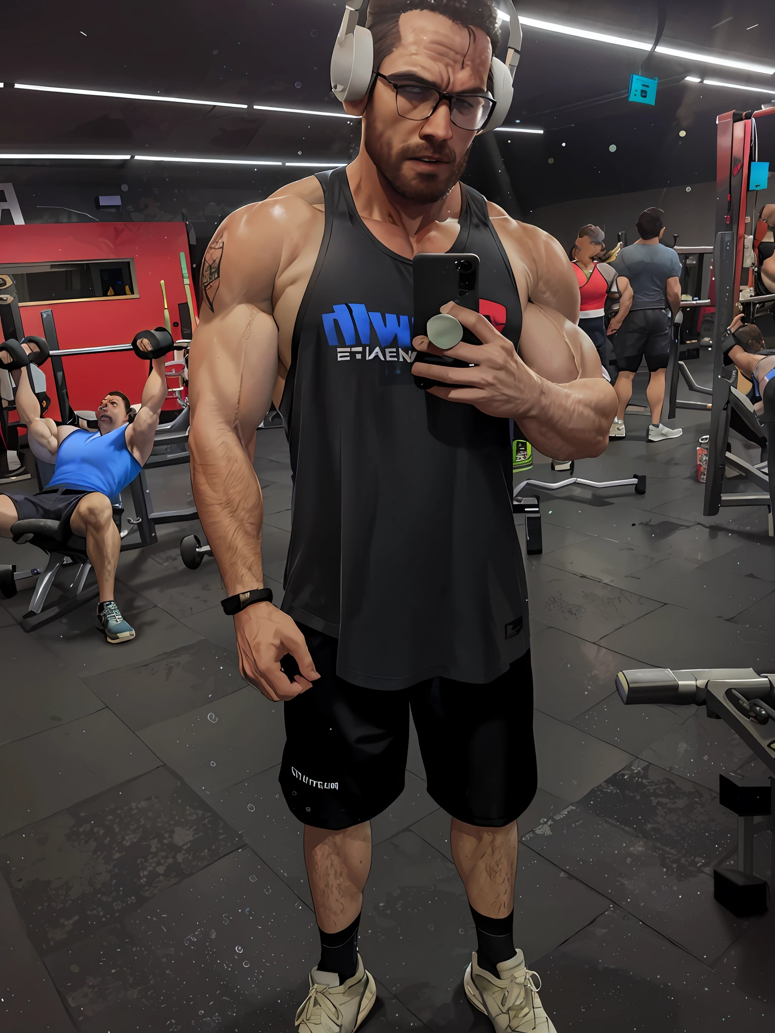 There is a man who is standing in a gym with a cell phone, photo in shape, body IFBB fitness, full body image, large biceps, extremely muscular, displaying biceps, shoulders can be seen, fit physique, shoulders up, symmetrical shoulders, white man, Arnold Schwarzenegger's body, use the face of the photo