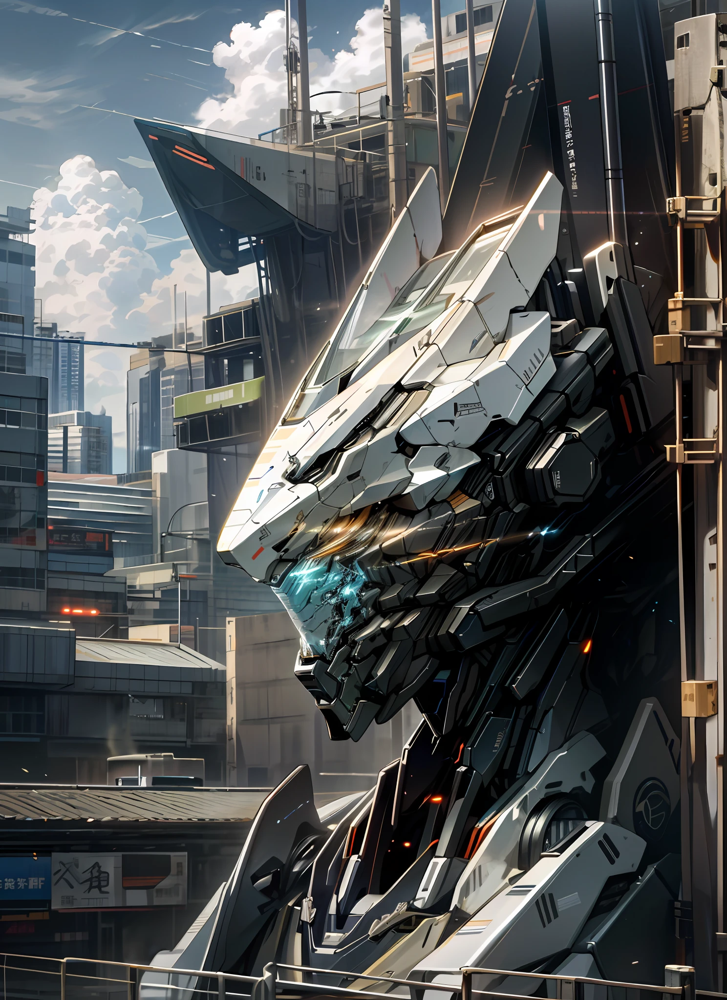 sky, cloud, holding_weapon, no_humans, glowing, , robot, building, glowing_eyes, mecha, science_fiction, city, realistic,mecha,sky, cloud, holding_weapon, no_humans, glowing, , robot, building, glowing_eyes, mecha, science_fiction, city, realistic,mecha