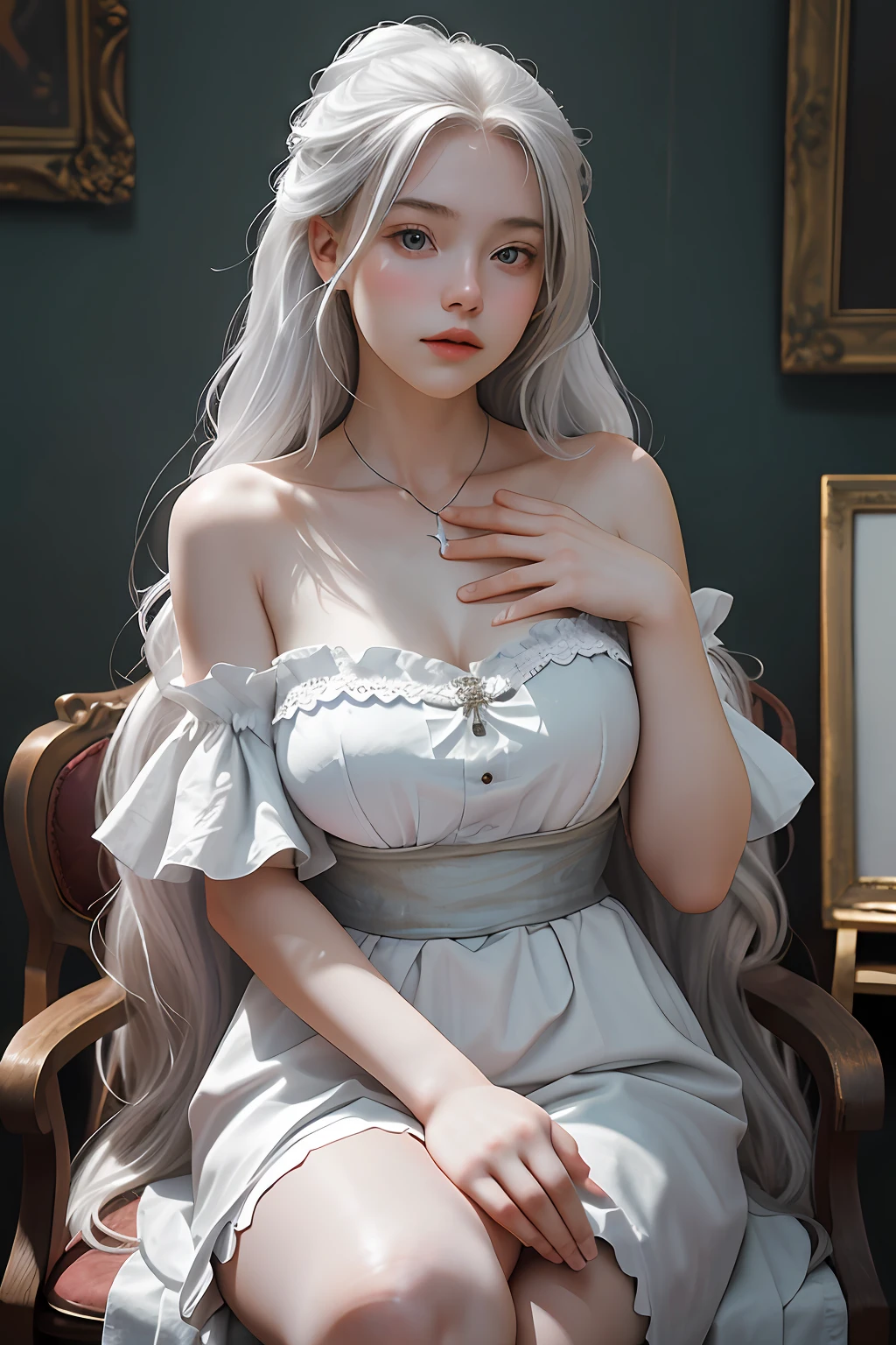 1 girl, 22 years old, wearing period costume, long hair, silver hair, beautiful face, bare shoulders, plump, white skin, cross-legged, hands on chest, masterpiece, ultra-fine painting, best quality, over resolution, perfect image , perfect composition,