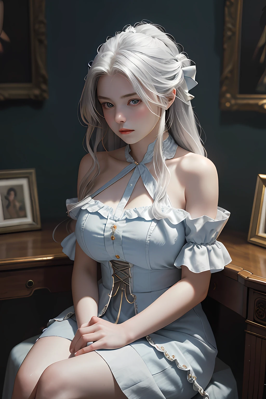 1 girl, 22 years old, wearing period costume, long hair, silver hair, beautiful face, bare shoulders, plump, white skin, cross-legged, hands on chest, masterpiece, ultra-fine painting, best quality, over resolution, perfect image , perfect composition,