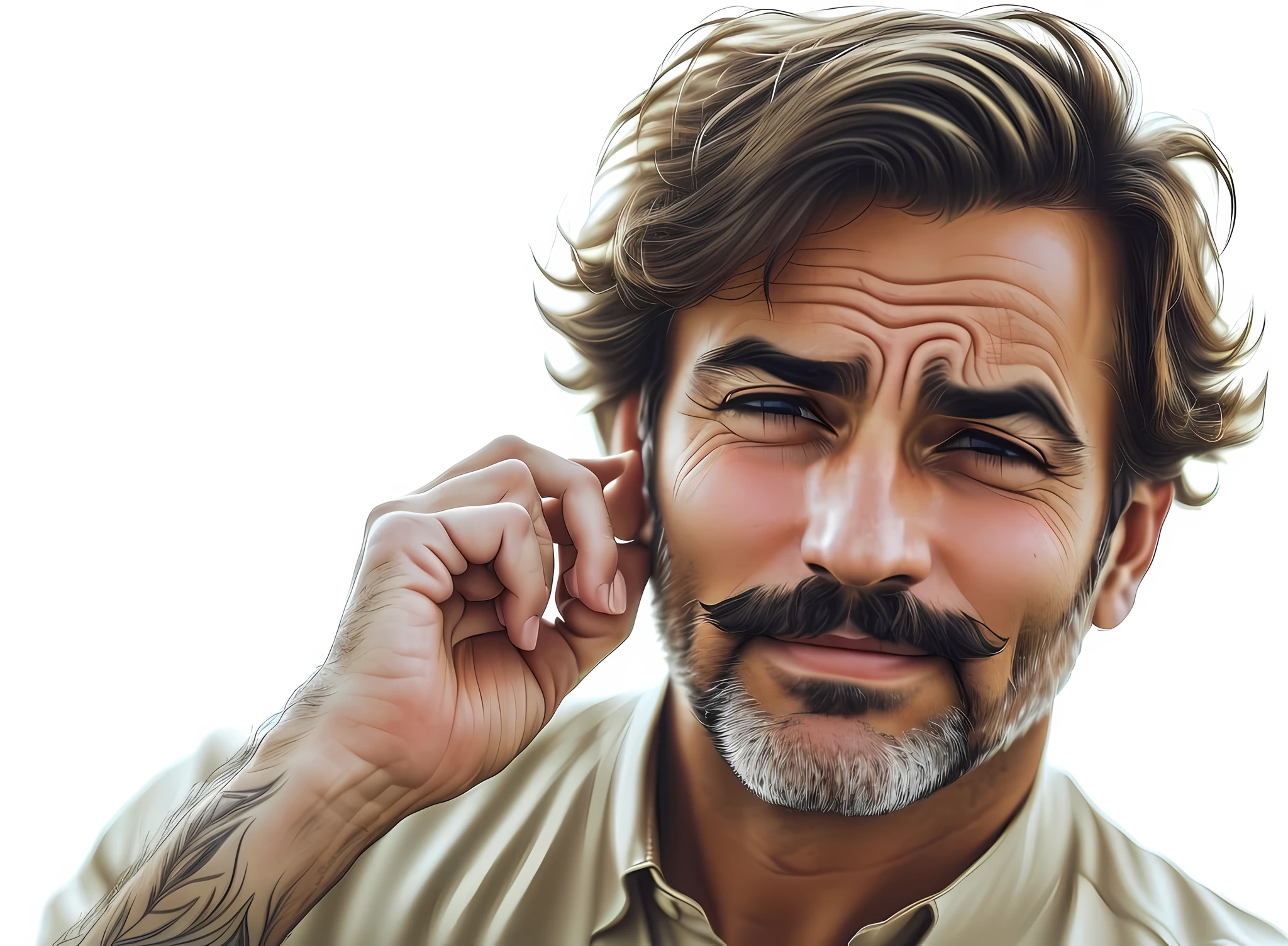 there is a man scratching his ear, Froufe, staring and serene, face without wrinkles and without beard and mustache, realistic glow, brown shirt