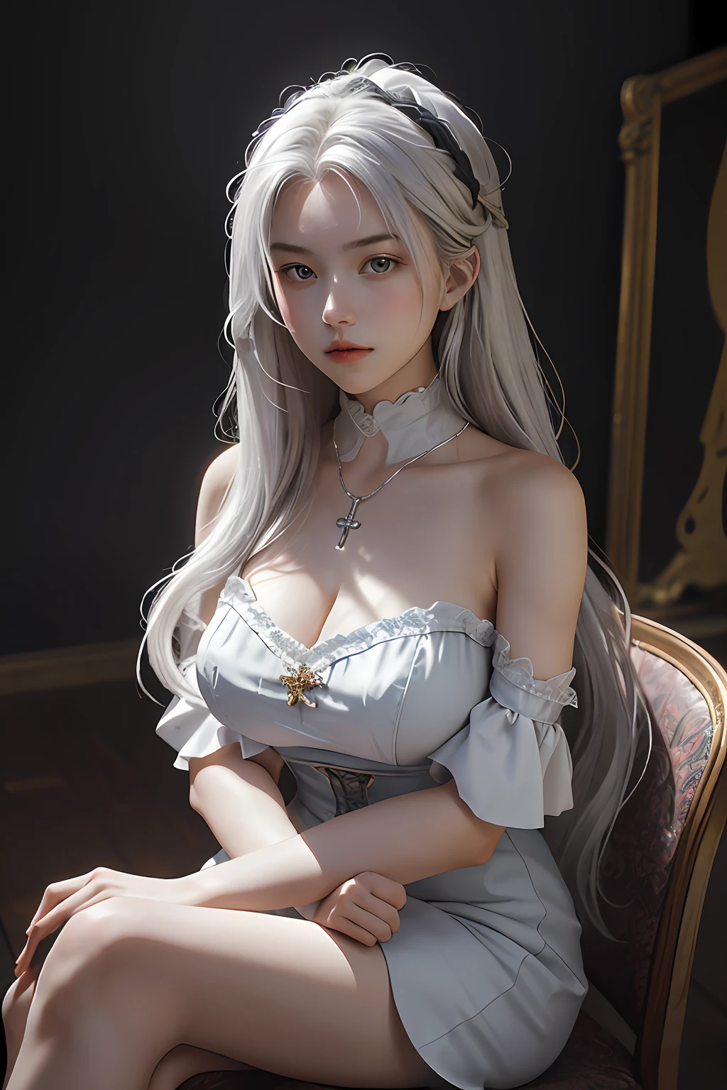 1 girl, 22 years old, wearing period costume, long hair, silver hair, beautiful face, bare shoulders, plump, white skin, cross-legged, hands on chest, masterpiece, ultra-fine painting, best quality, over resolution, perfect image , perfect composition,