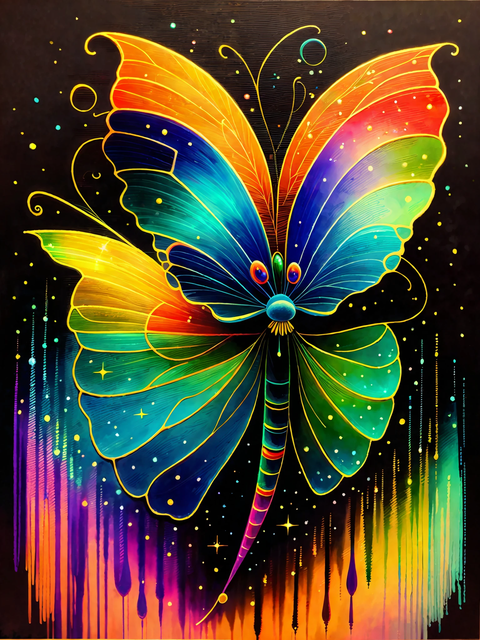 a painting of colored umabaleia on a black background, breathtaking rendering, within a radiant connection, inspired by Kinuko Y. Craft, magical elements, (happy) (smyling:1.1) butterfly icon, wow, is beautiful, casting a multi colorful spell, bright flash, flash
