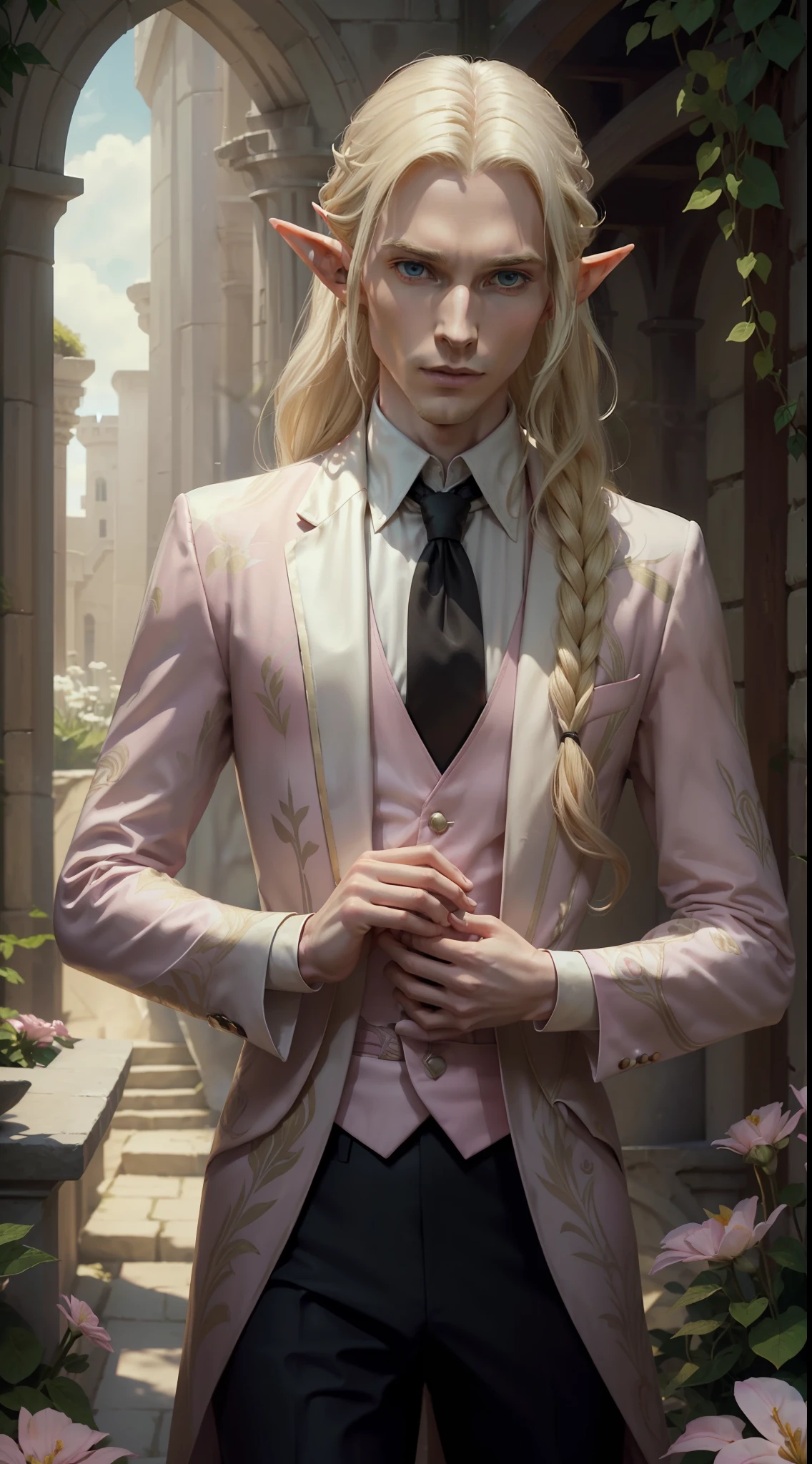 A man, (((Solo)))), (elf, 35 years old, tall, thin, elongated body, very long light blonde hair, pale skin, androgynous features), (wears an elegant and fantastic completely pink suit covered by flower prints, with a black tie), RPG elf, evil gay, medieval fantasy, he is in a summer garden, closeup