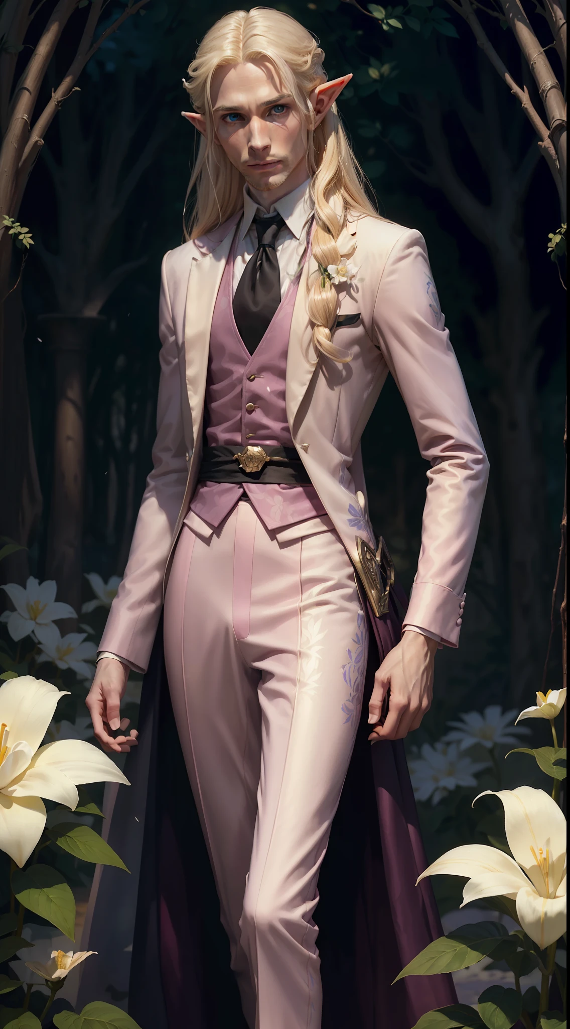 A man, (((Solo)))), (elf, 35 years old, tall, thin, elongated body, very long light blonde hair, pale skin, androgynous features), (wears an elegant and fantastic completely pink suit covered by flower prints, with a black tie), RPG elf, evil gay, medieval fantasy, he is in a summer garden, closeup